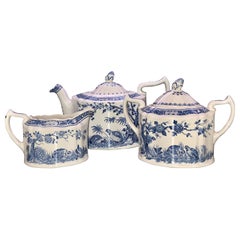 Blue and White Furnivals Quail 1913 Pottery Teapot, Creamer and Sugar Bowl Set