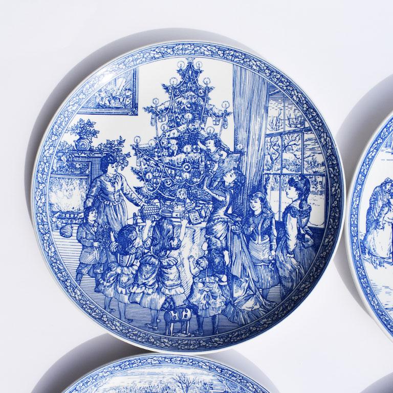 Set of four Georgian blue and white ceramic Christmas plates. Each plate is highly decorated with different Christmas motifs and marked at back with the Spode stamp. 

How We Would Style Them: 
Obviously this set would be the perfect addition for