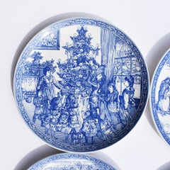 Blue and White Georgian Ceramic Christmas Decorative Spode Plates, Set of Four