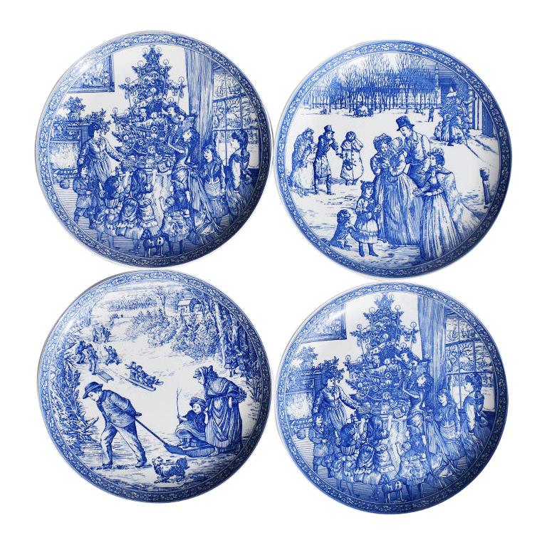 Blue and White Georgian Ceramic Christmas Decorative Spode Plates, Set of Four