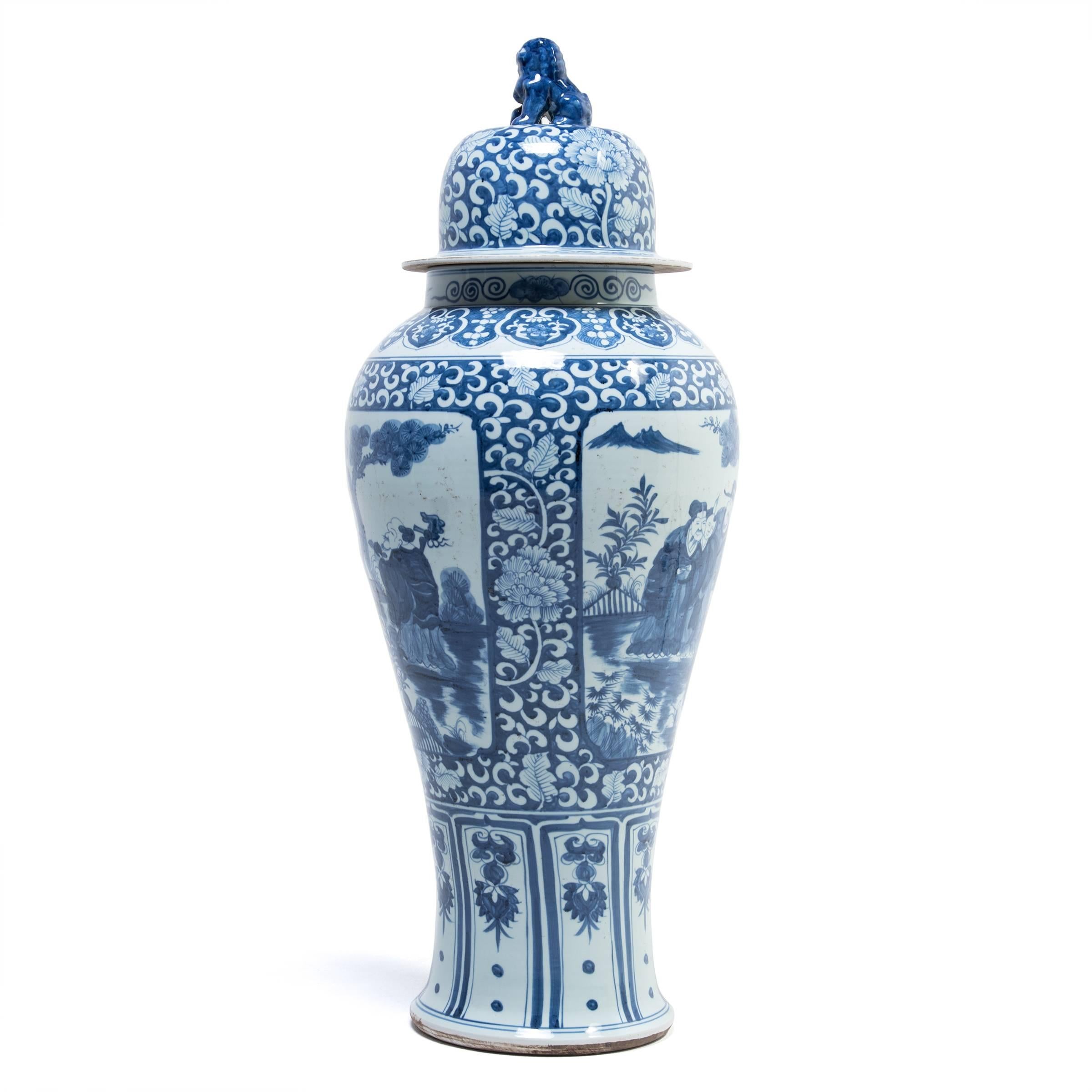 Chinese Blue and White Ginger Jar with Shizi and Landscape Portraits