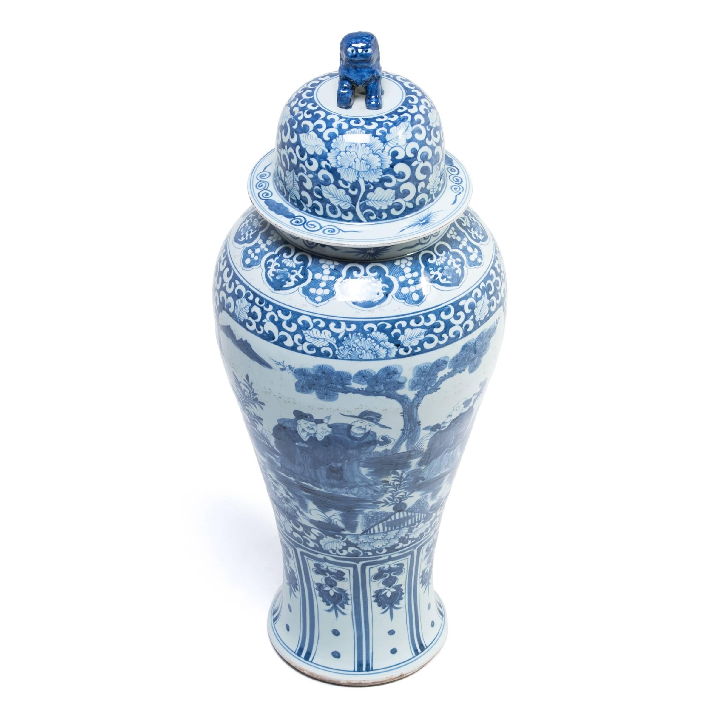 Glazed Blue and White Ginger Jar with Shizi and Landscape Portraits