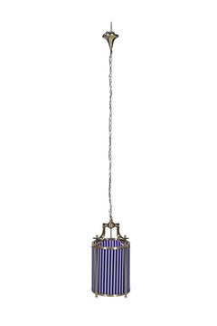 Blue and White Glass and Brass Pendant Light