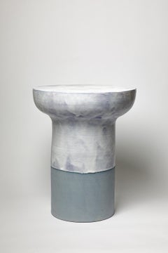 Blue and white glazed ceramic stool or coffee table by Mia Jensen, 2025.