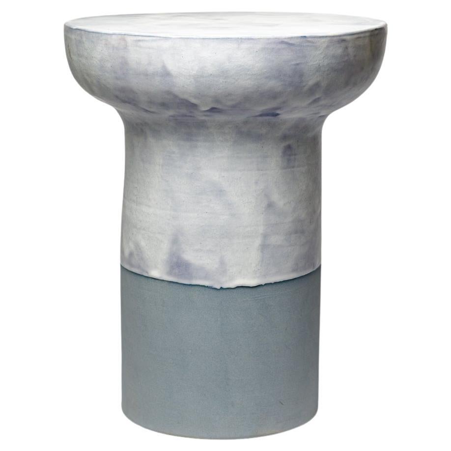 Blue and white glazed ceramic stool or coffee table by Mia Jensen, 2025.