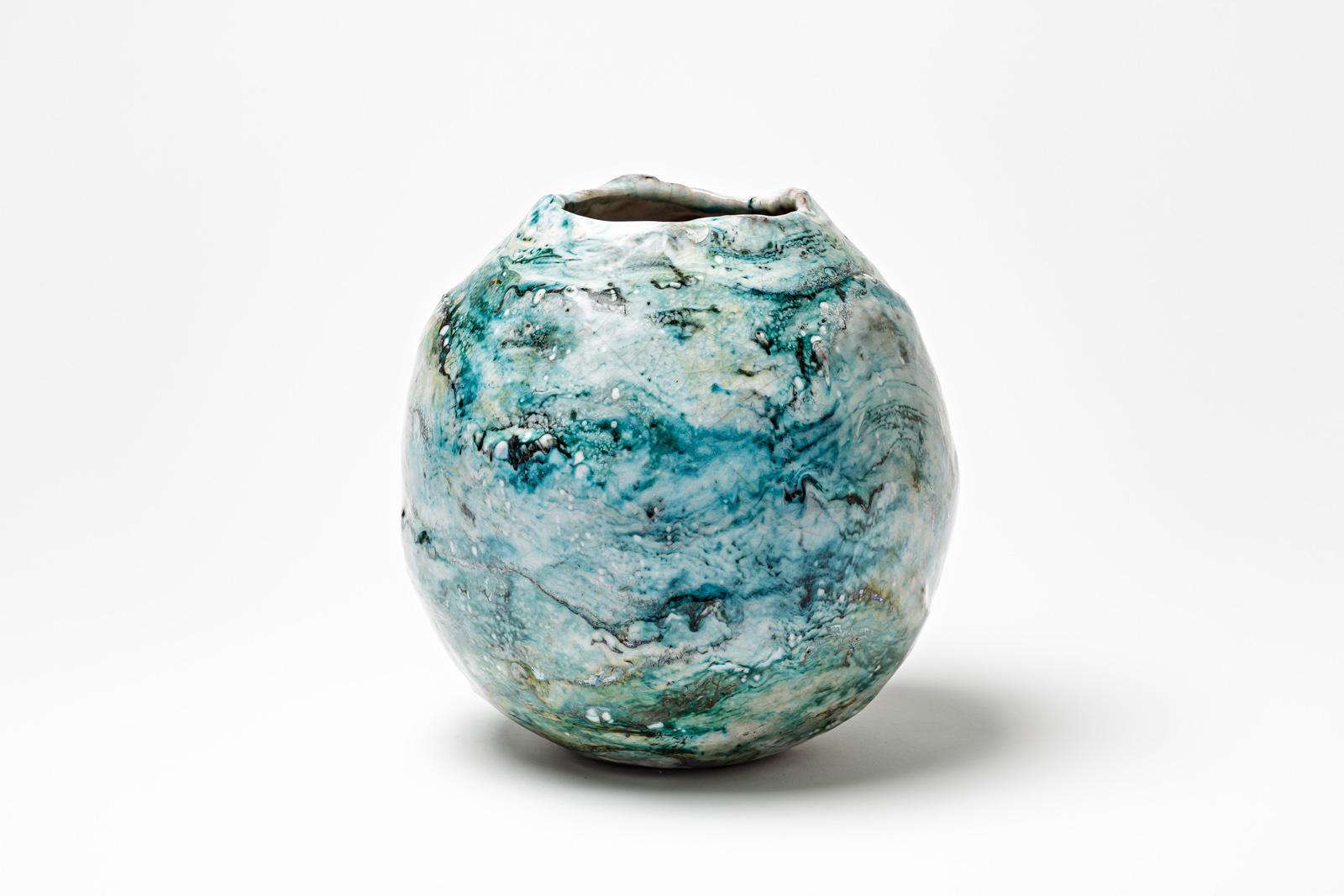 French Blue and white glazed ceramic vase by Gisèle Buthod Garçon, circa 1980-1990 For Sale