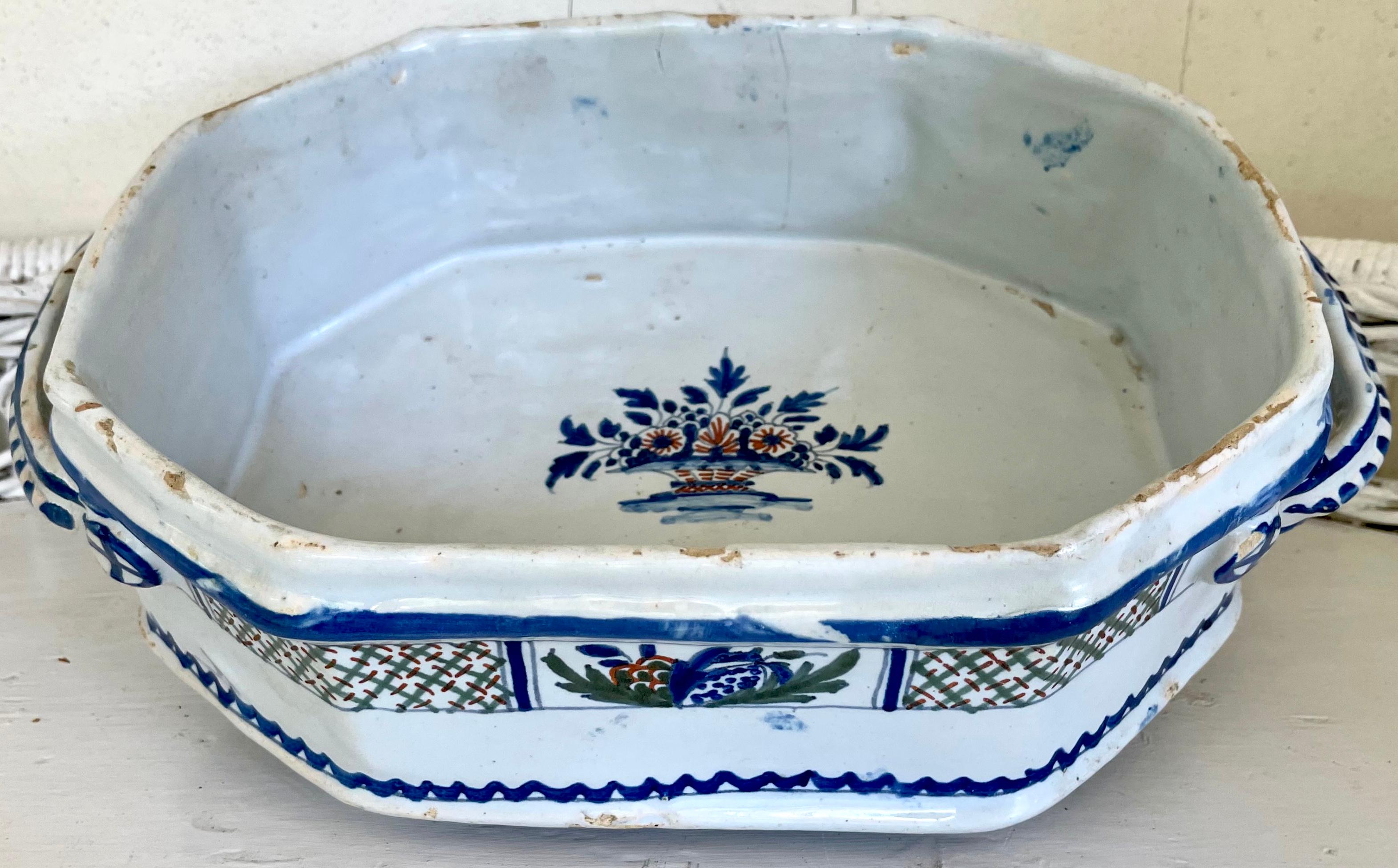 Hand-Painted Blue and White Glazed French Terracotta Compote For Sale