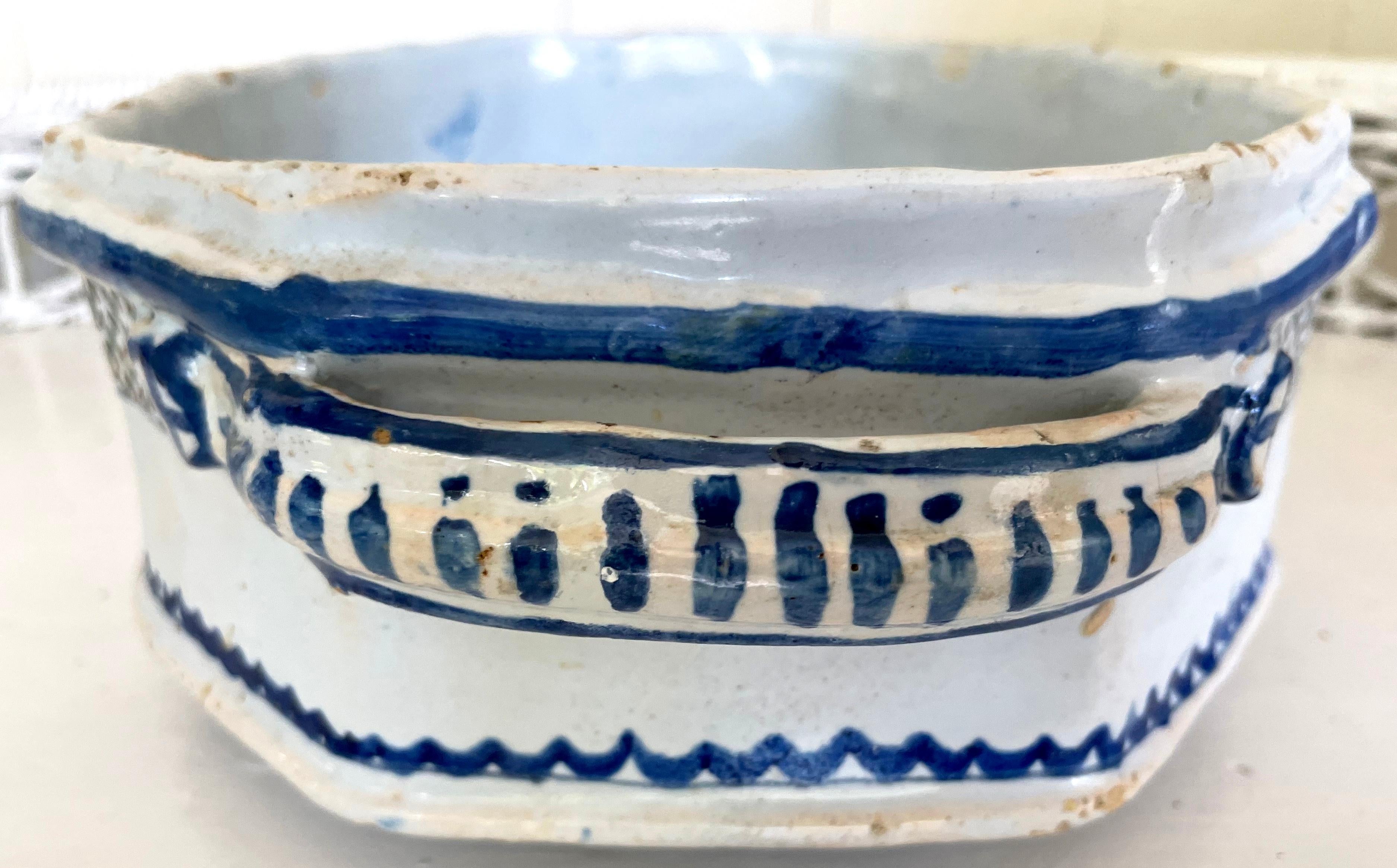 Blue and White Glazed French Terracotta Compote In Good Condition For Sale In New York, NY