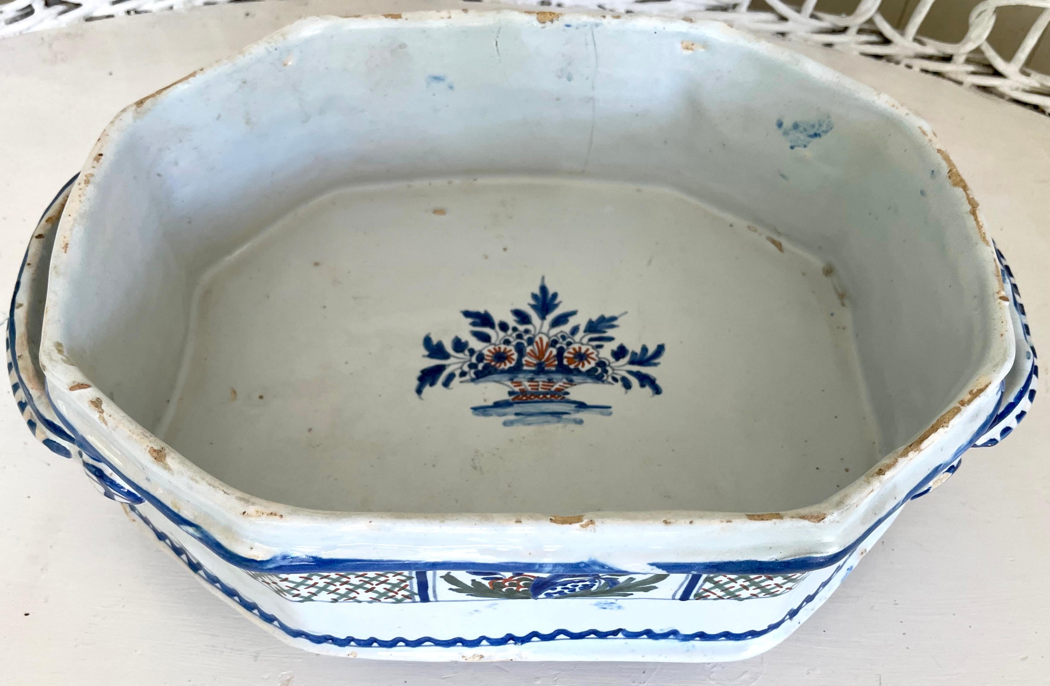 18th Century Blue and White Glazed French Terracotta Compote For Sale