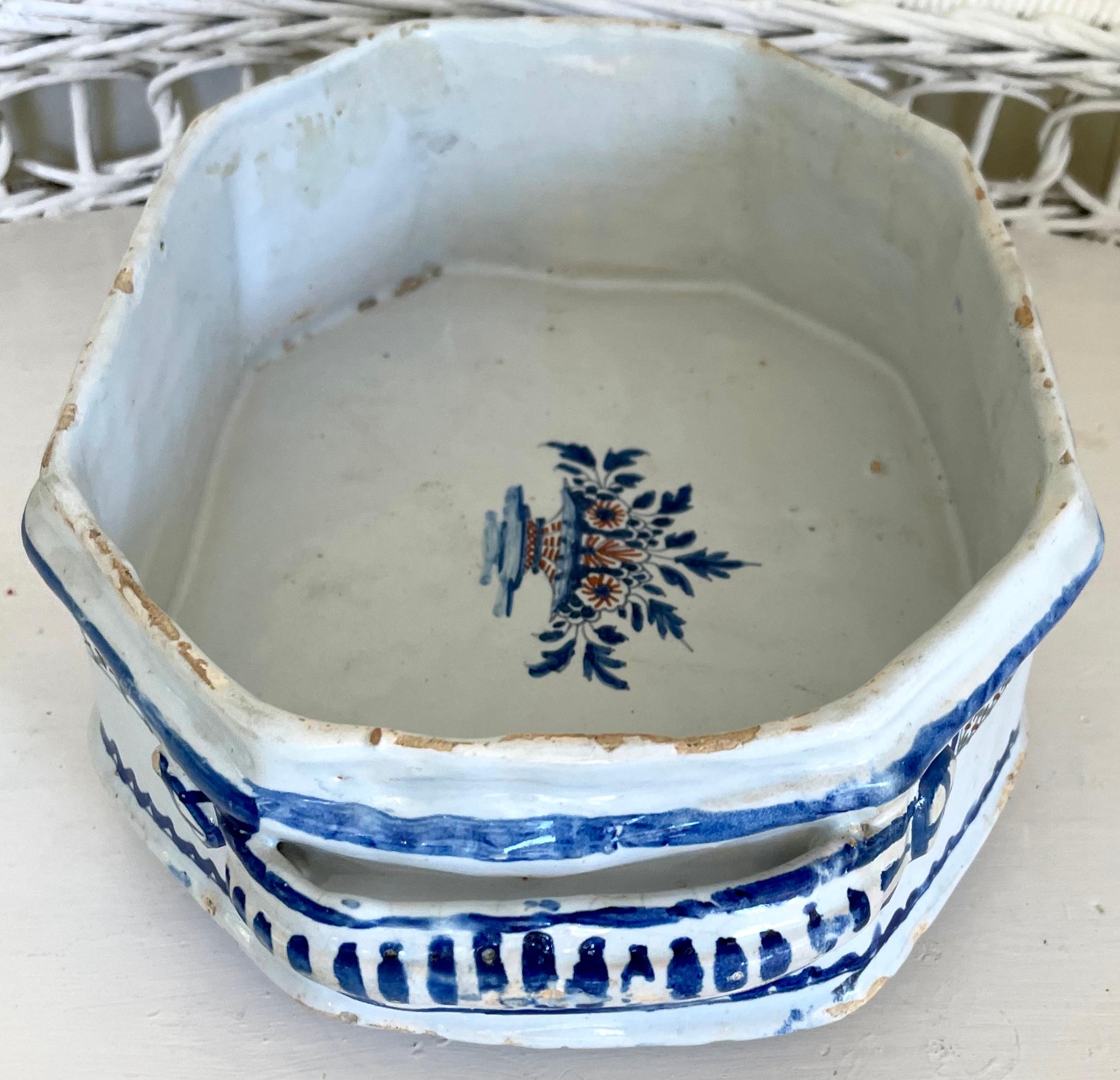 Blue and White Glazed French Terracotta Compote For Sale 1