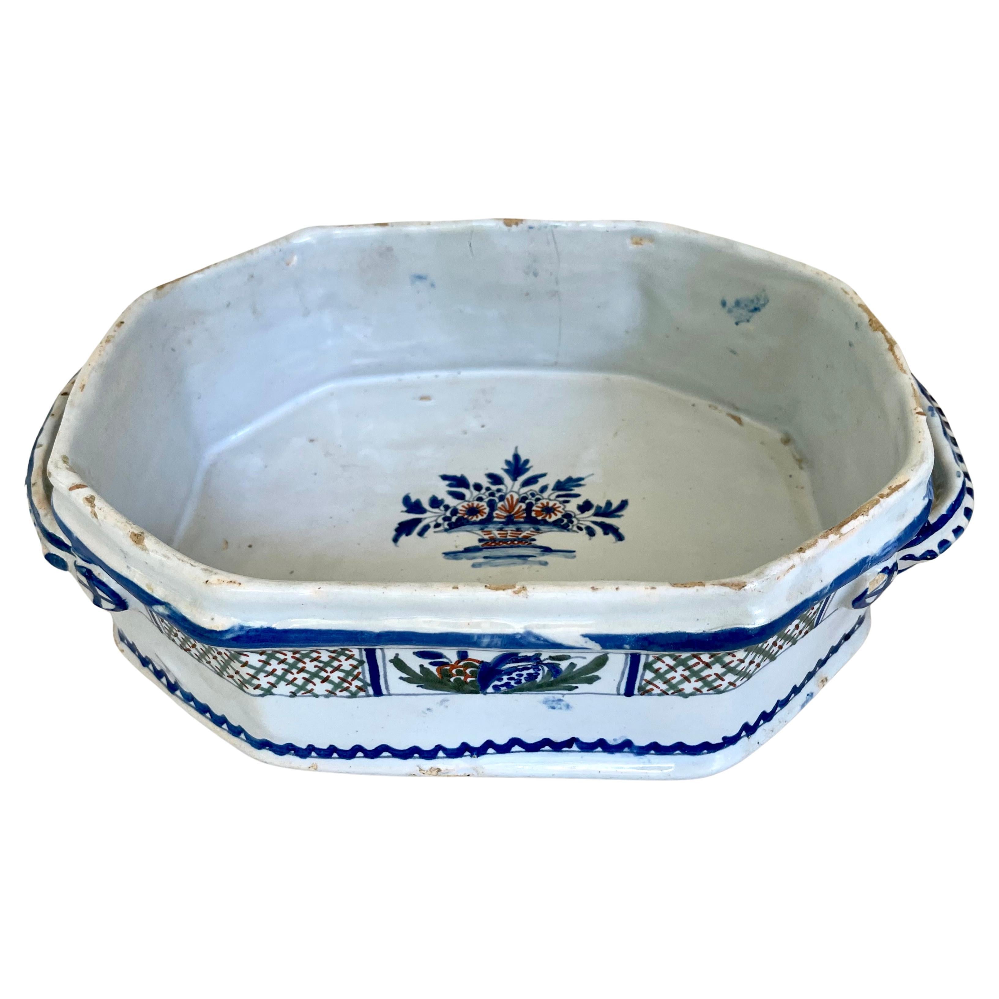 Blue and White Glazed French Terracotta Compote For Sale