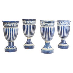 Retro Blue and White Glazed Terra Cotta Planters, Set of 4