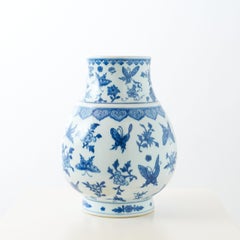 Blue and White Globular Vase with Butterflies and Floral Motifs, 20th Century