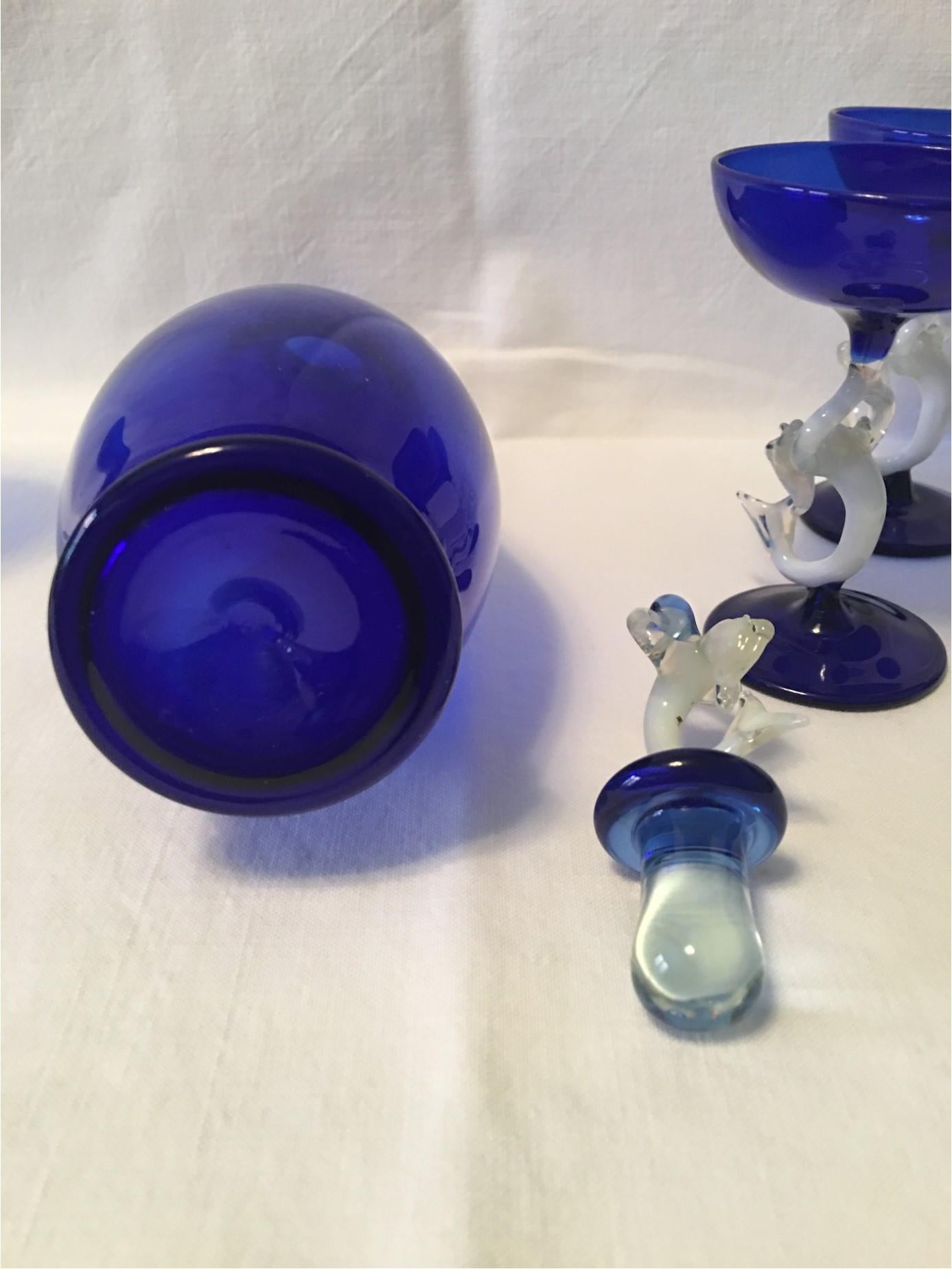 Blue and White Hand Blown Mermaid 1950s Liqueur Set in Bimini Style For Sale 2