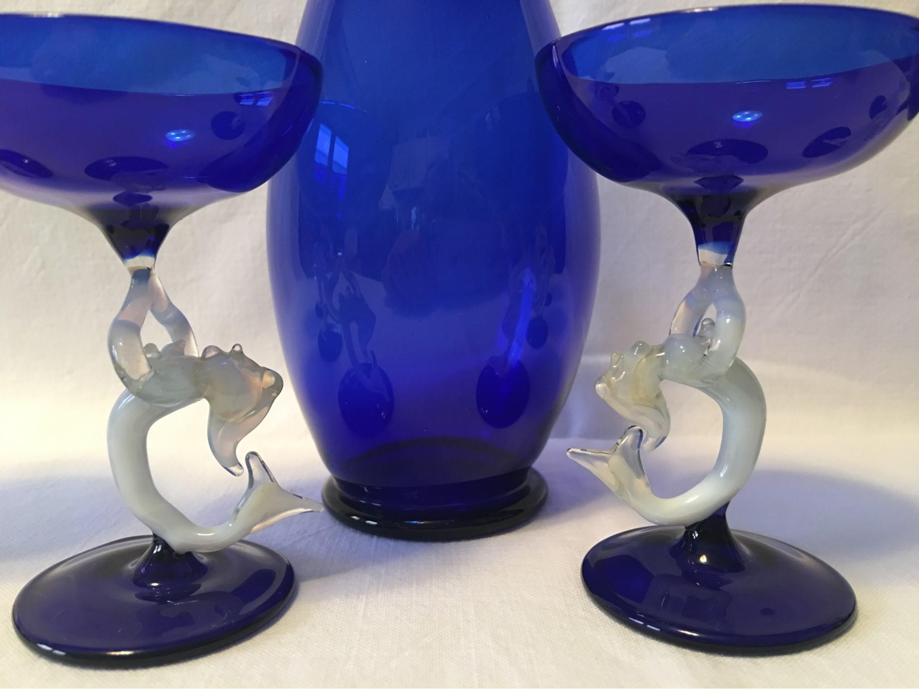 German Blue and White Hand Blown Mermaid 1950s Liqueur Set in Bimini Style For Sale