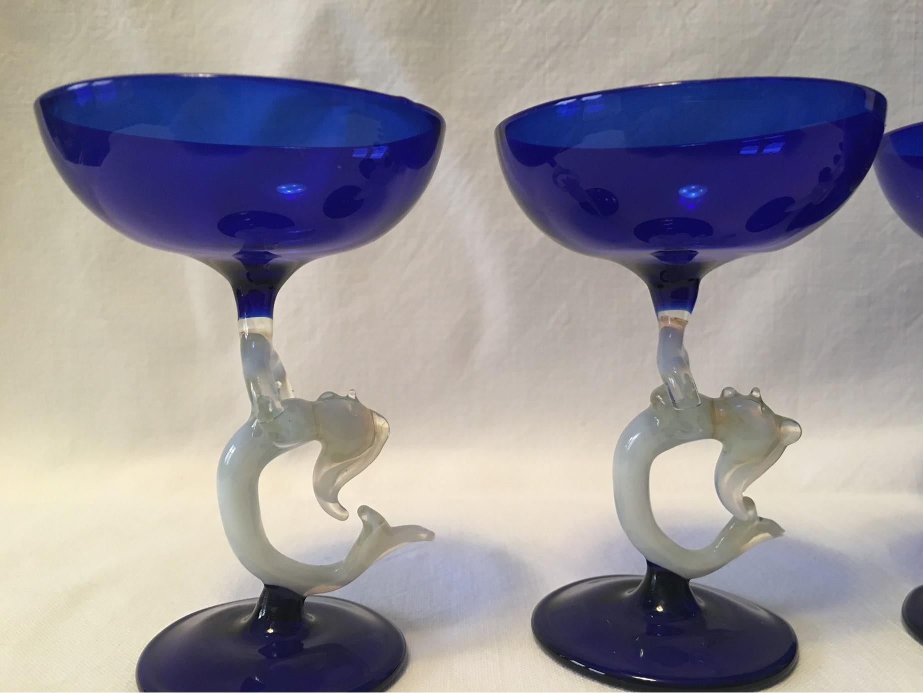 Blue and White Hand Blown Mermaid 1950s Liqueur Set in Bimini Style In Good Condition For Sale In Frisco, TX