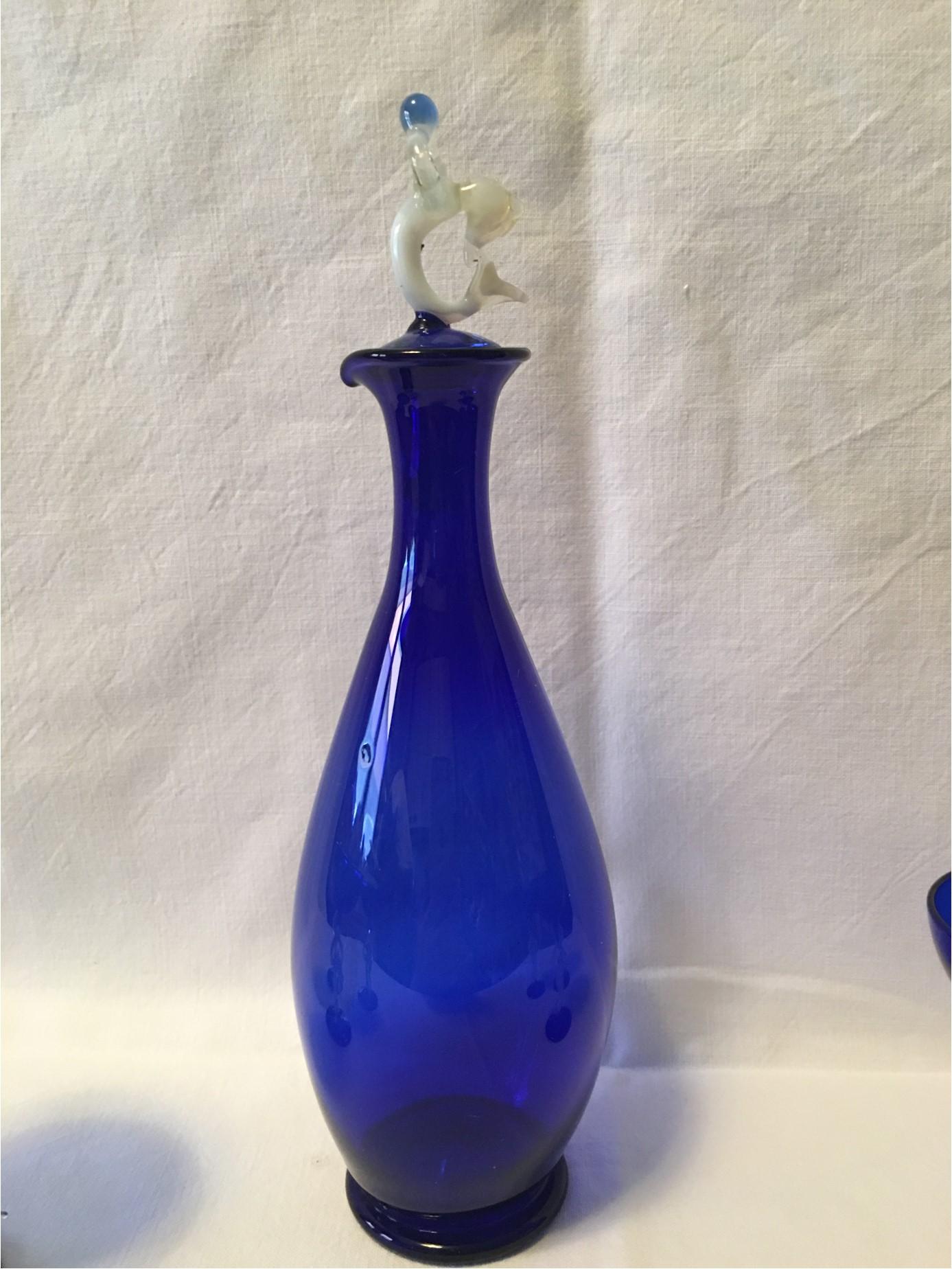 Glass Blue and White Hand Blown Mermaid 1950s Liqueur Set in Bimini Style For Sale