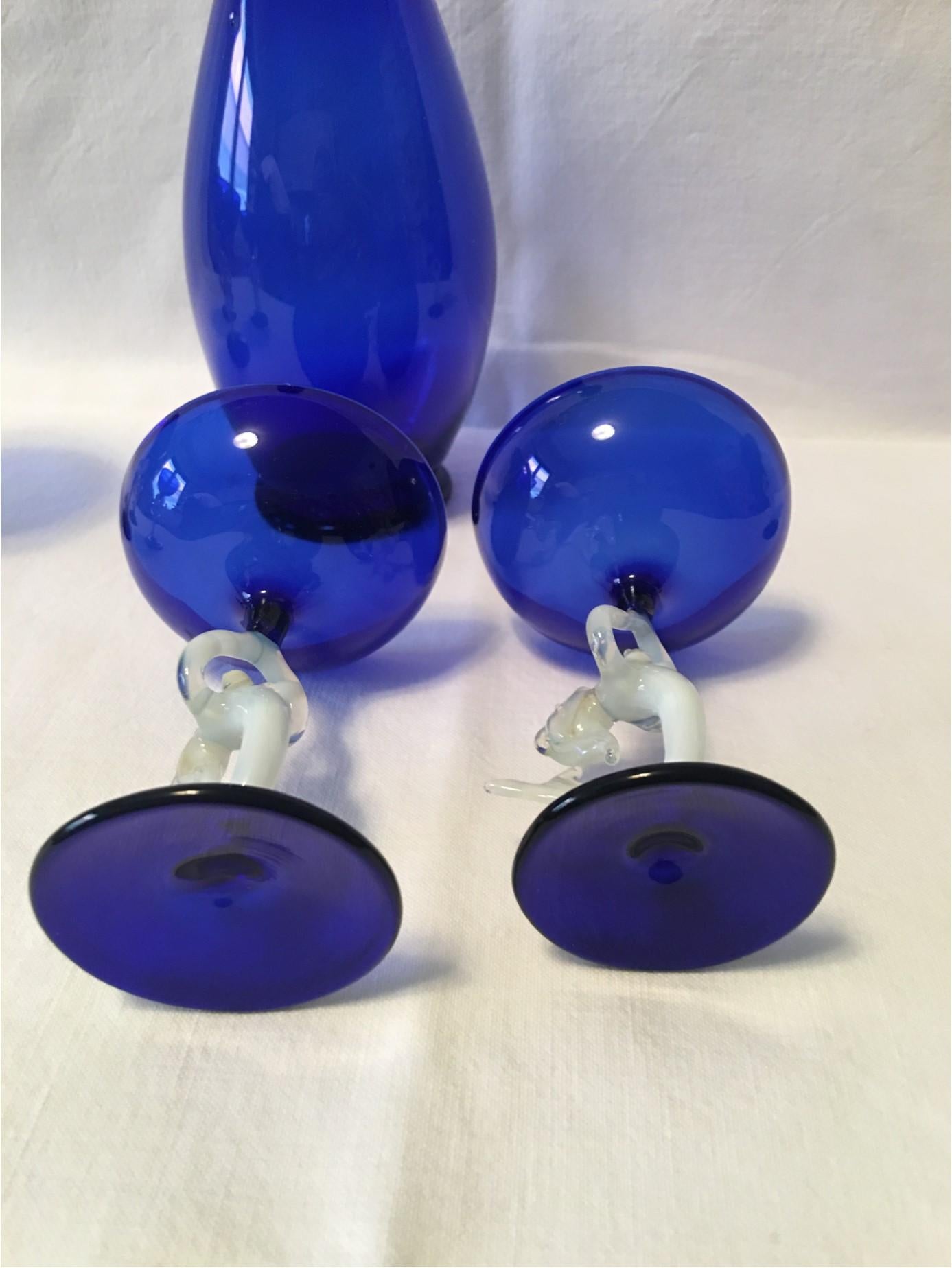 Blue and White Hand Blown Mermaid 1950s Liqueur Set in Bimini Style For Sale 1