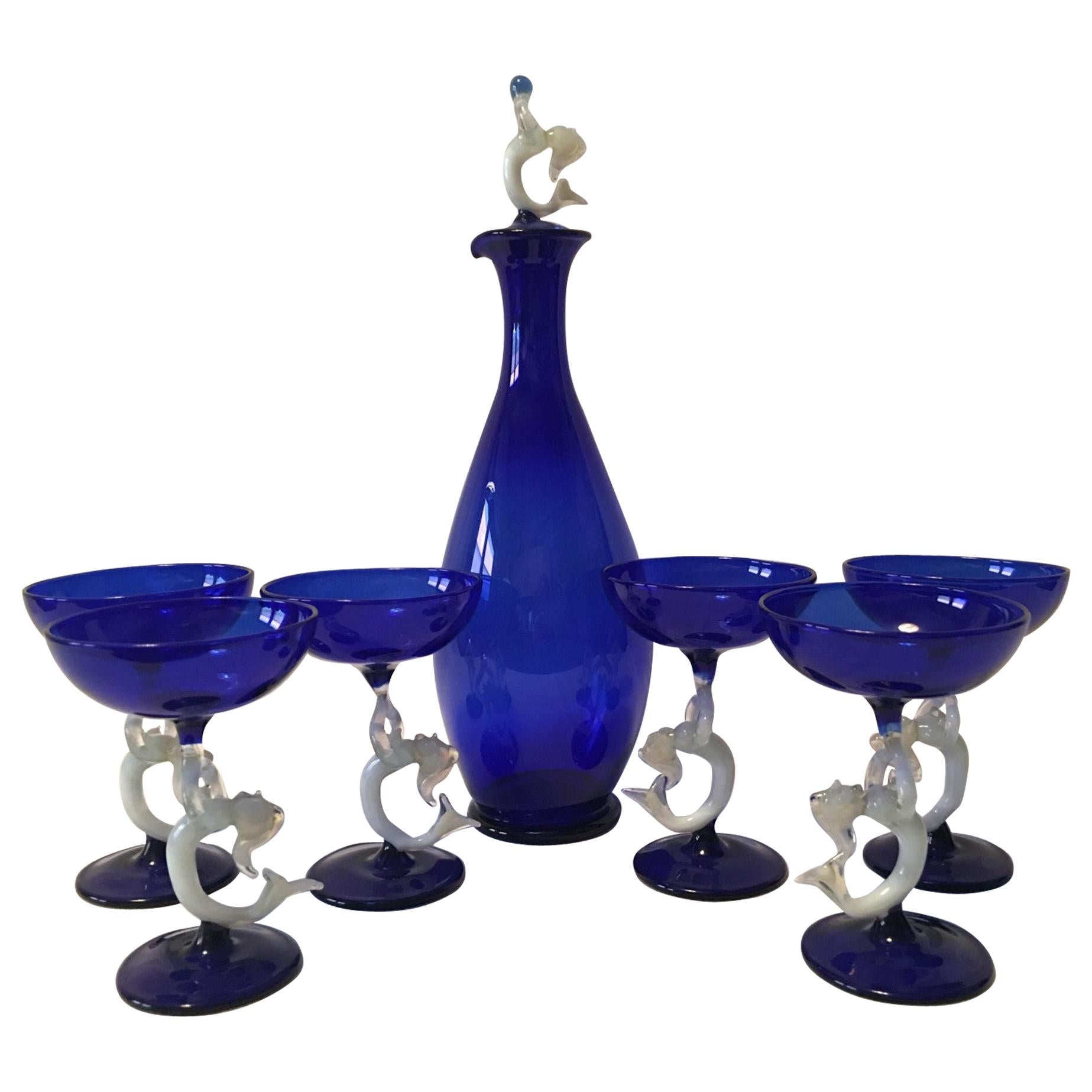 Blue and White Hand Blown Mermaid 1950s Liqueur Set in Bimini Style For Sale