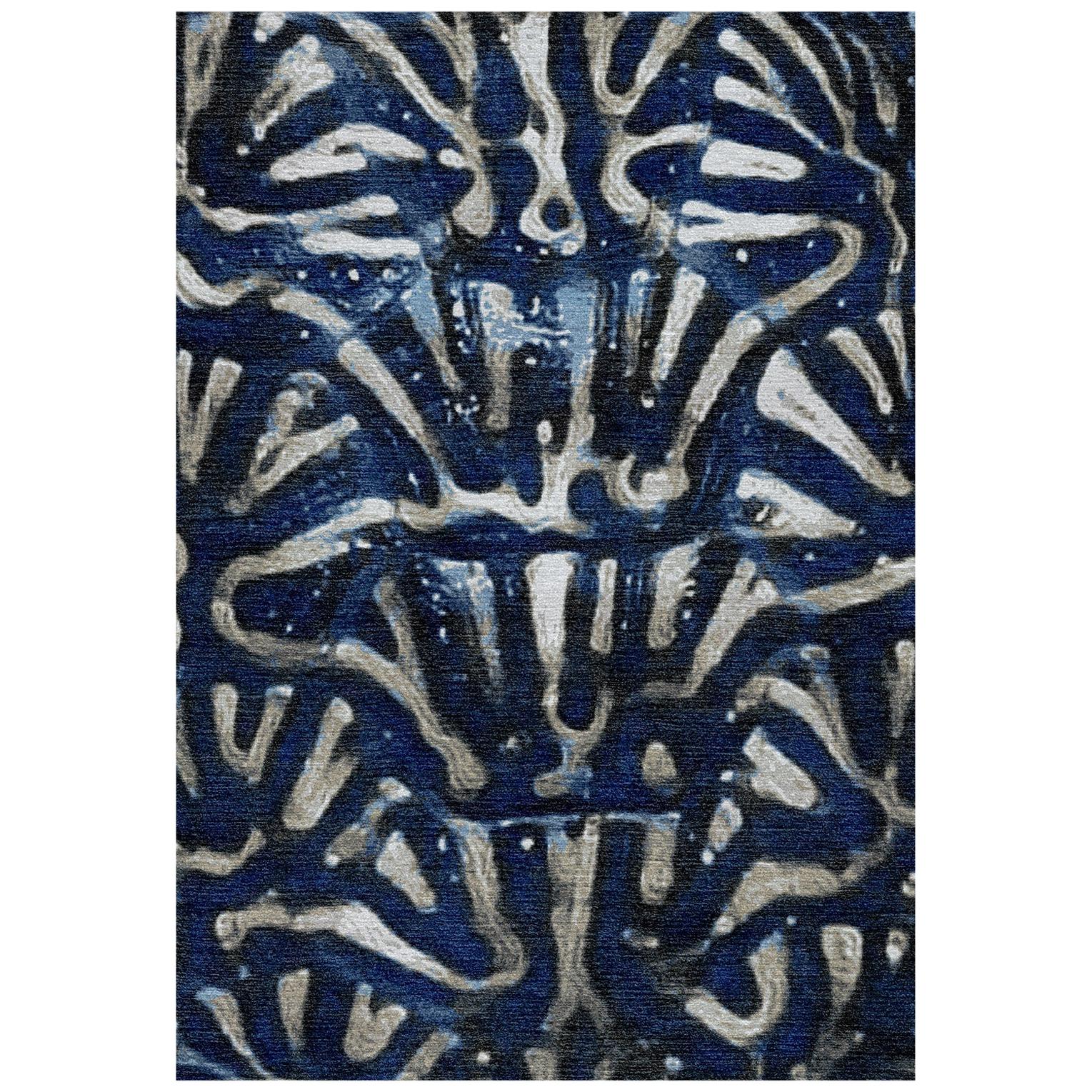 Blue and White Handmade Wool and Silk Rug from Aldabra Collection by Gordian For Sale