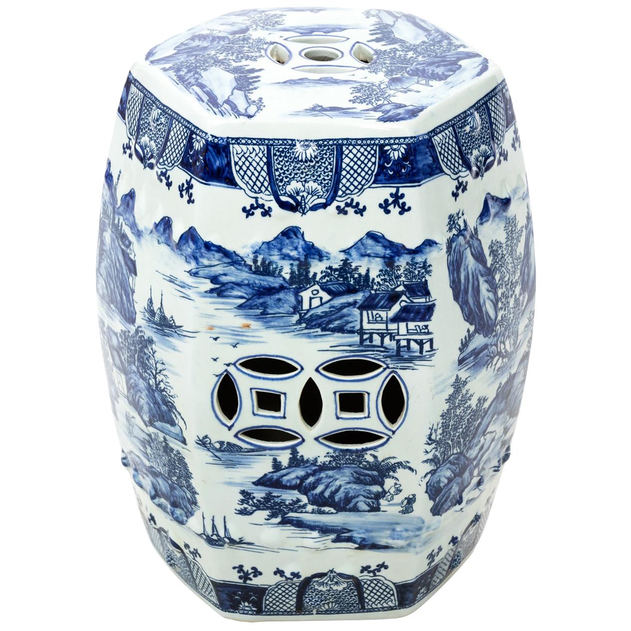 Blue and White Chinese Garden Seat with Bird Motif For Sale at 1stDibs