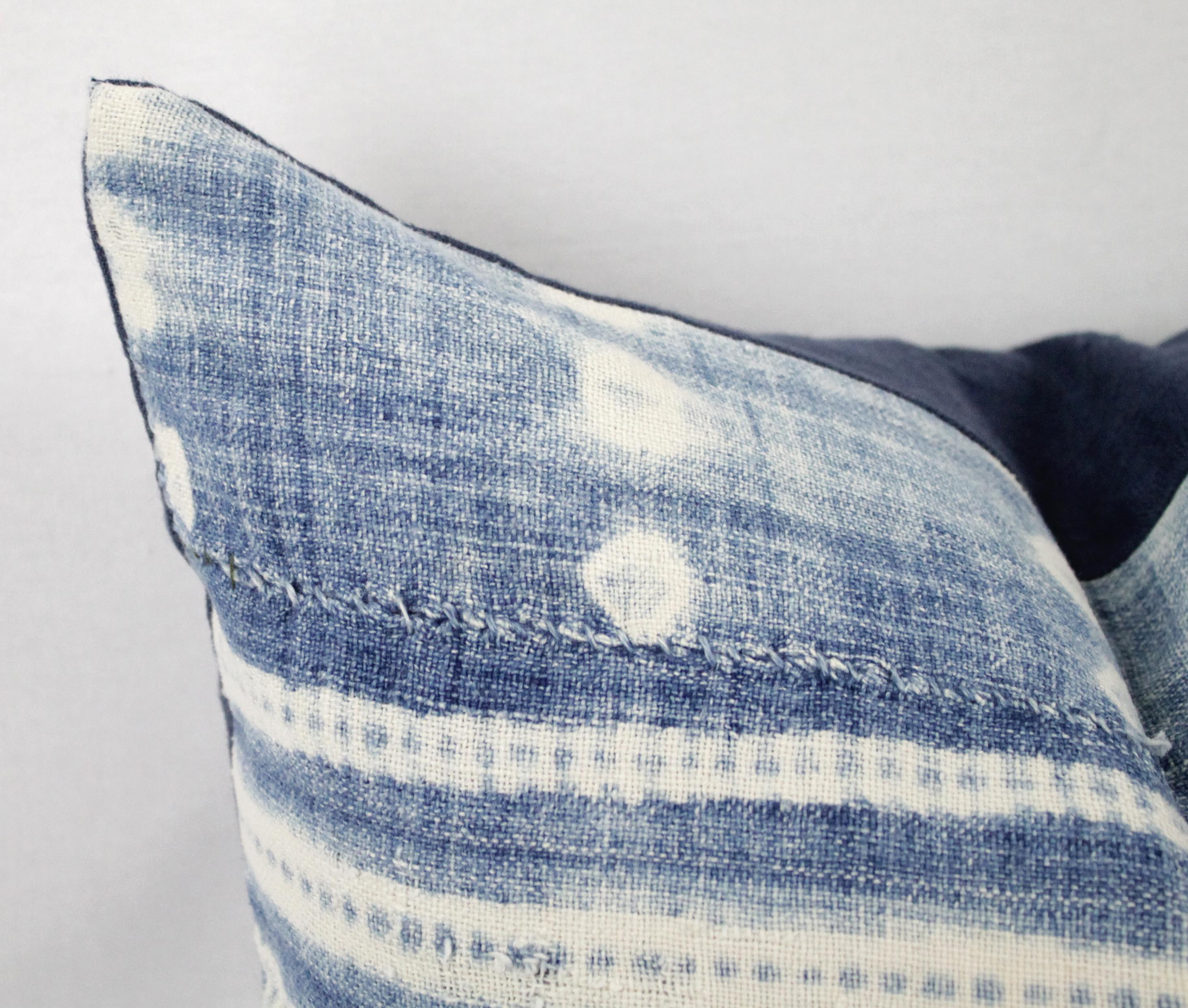 Blue and White Horizontal Stripe Batik Style Pillow In Fair Condition In Brea, CA