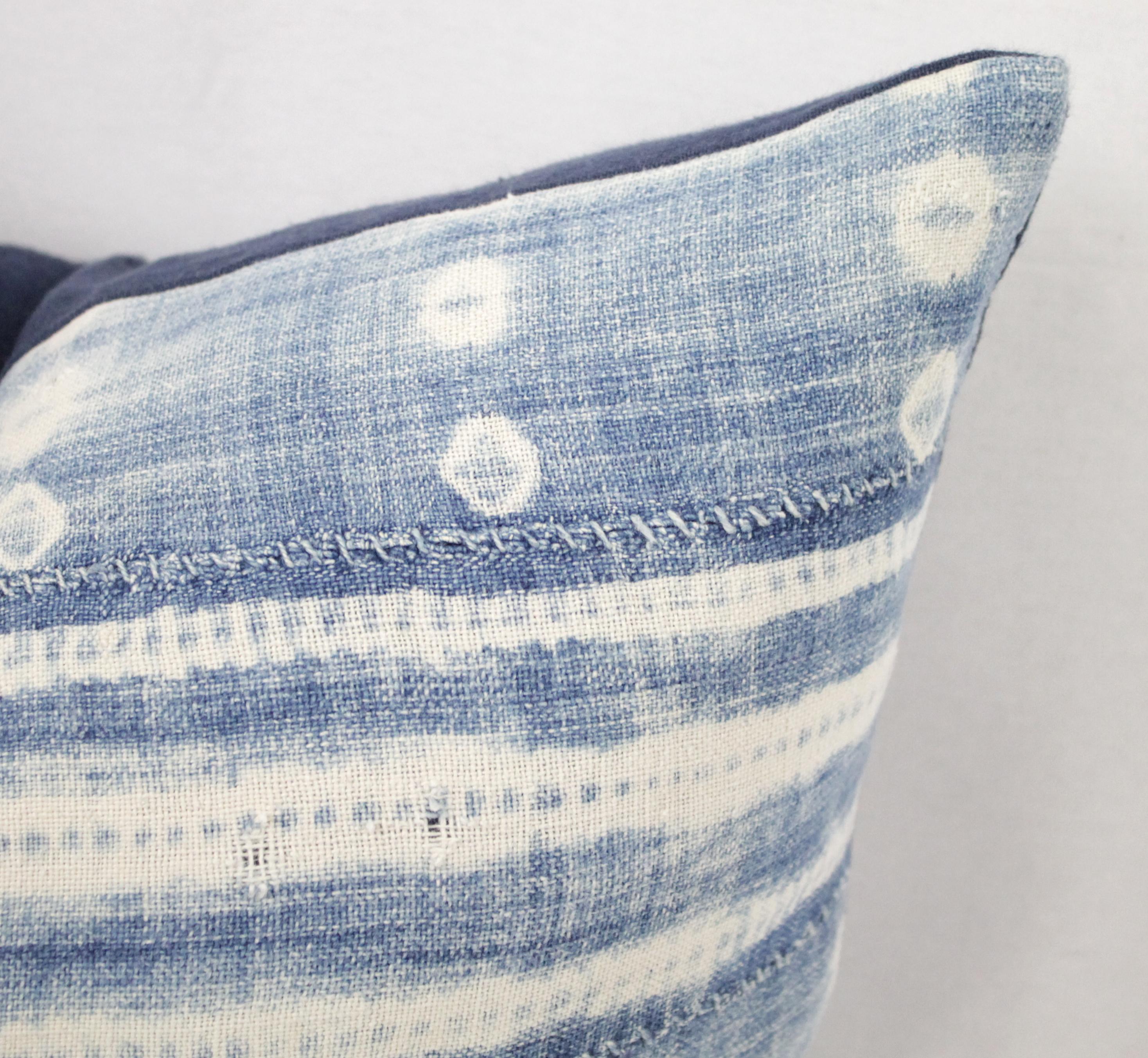 20th Century Blue and White Horizontal Stripe Batik Style Pillow