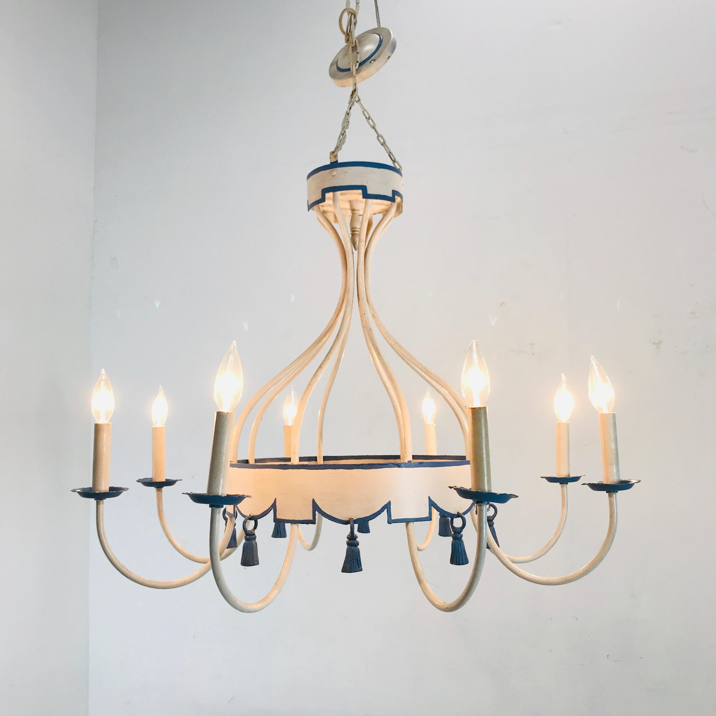 Painted Blue and White Italian Tole Tassel Chandelier