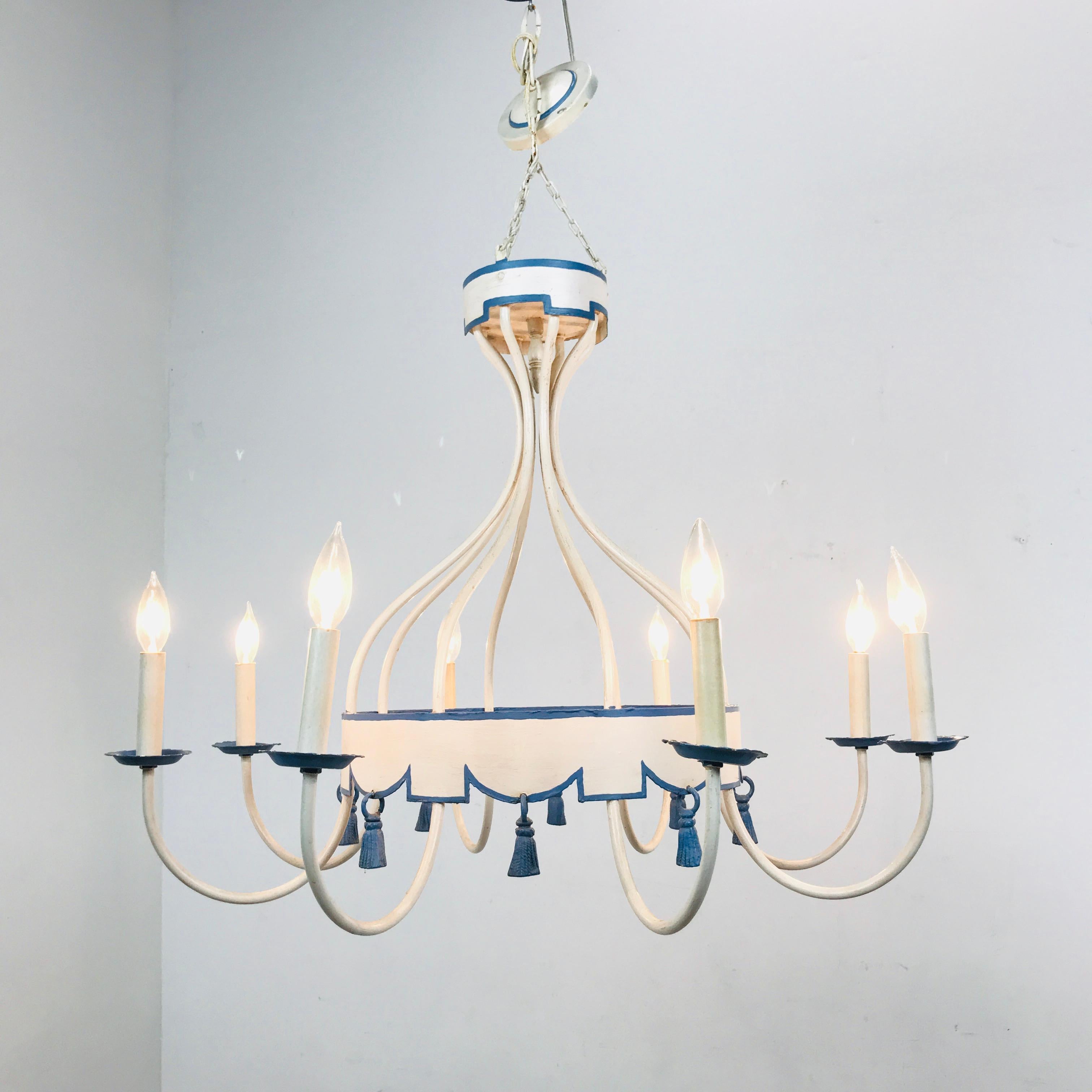 Late 20th Century Blue and White Italian Tole Tassel Chandelier