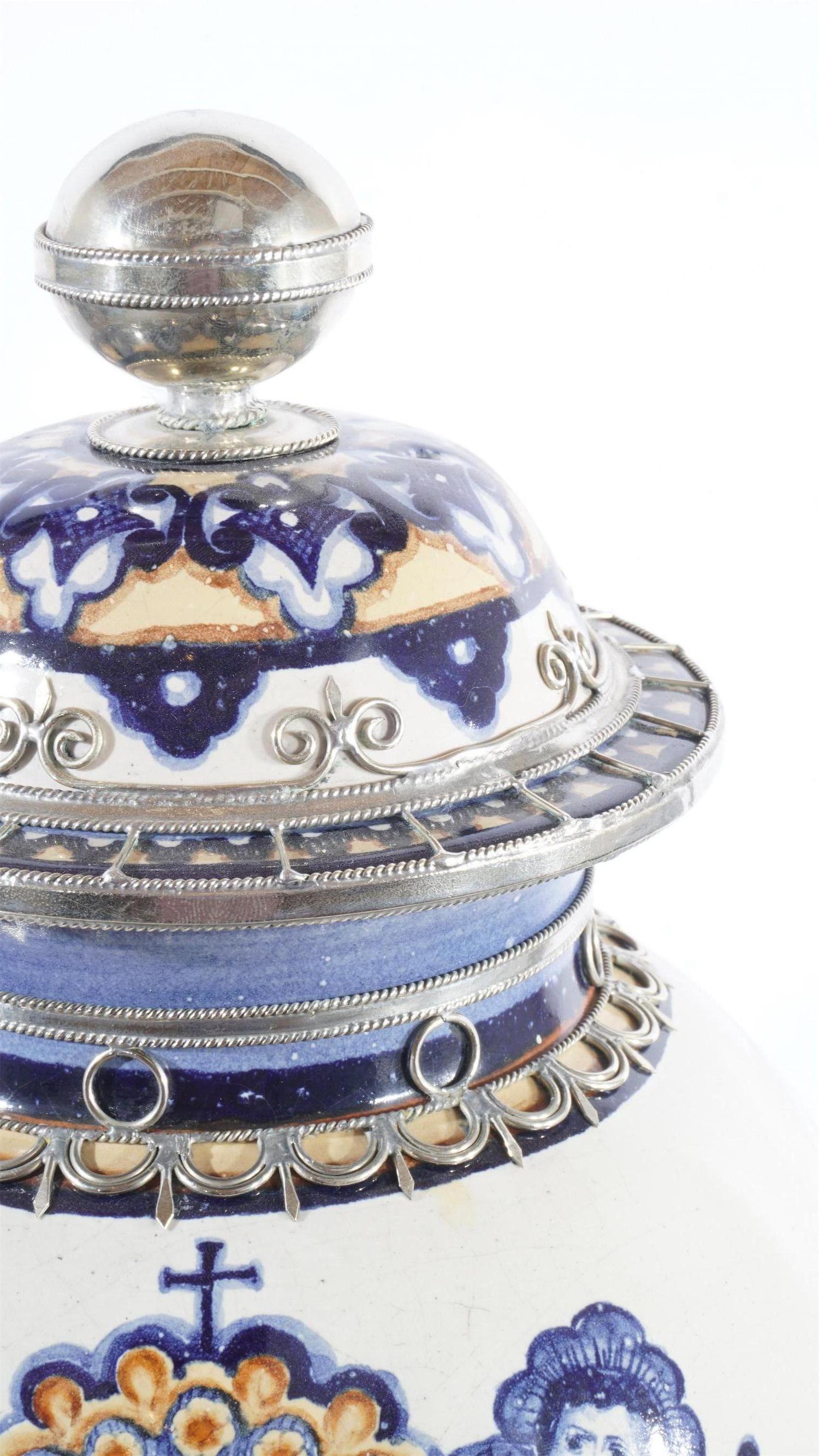 Blue and White Jar, Ceramic and White Metal ‘Alpaca’, Handmade (Sonstiges)