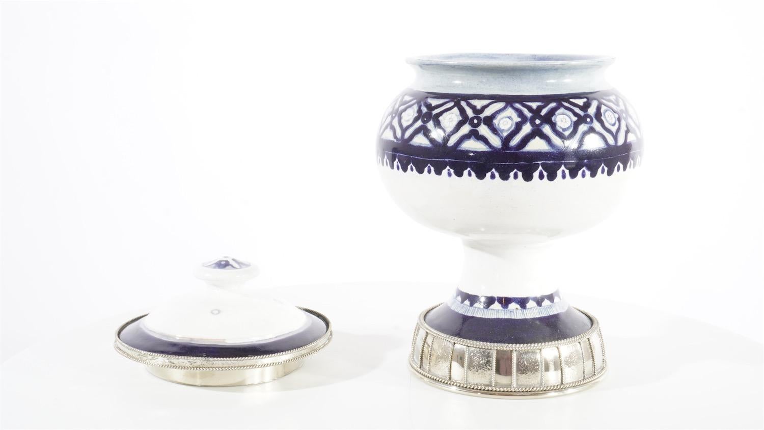 Mexican Blue and White Jar, Ceramic and White Metal ‘Alpaca’, Handmade