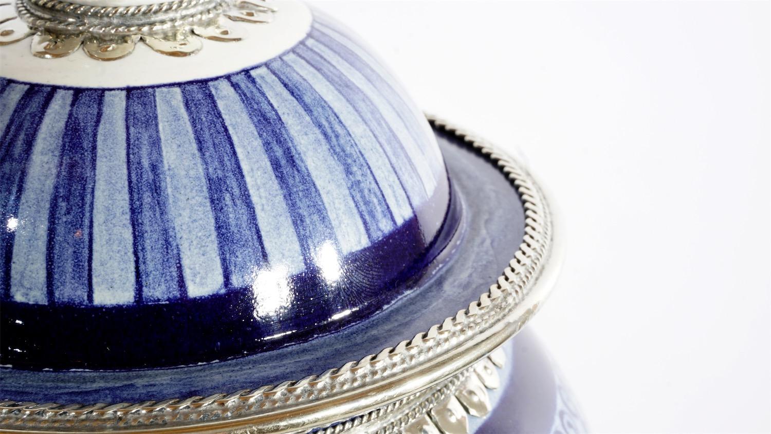 Mexican Blue and White Jar, Ceramic and White Metal ‘Alpaca’, Handmade