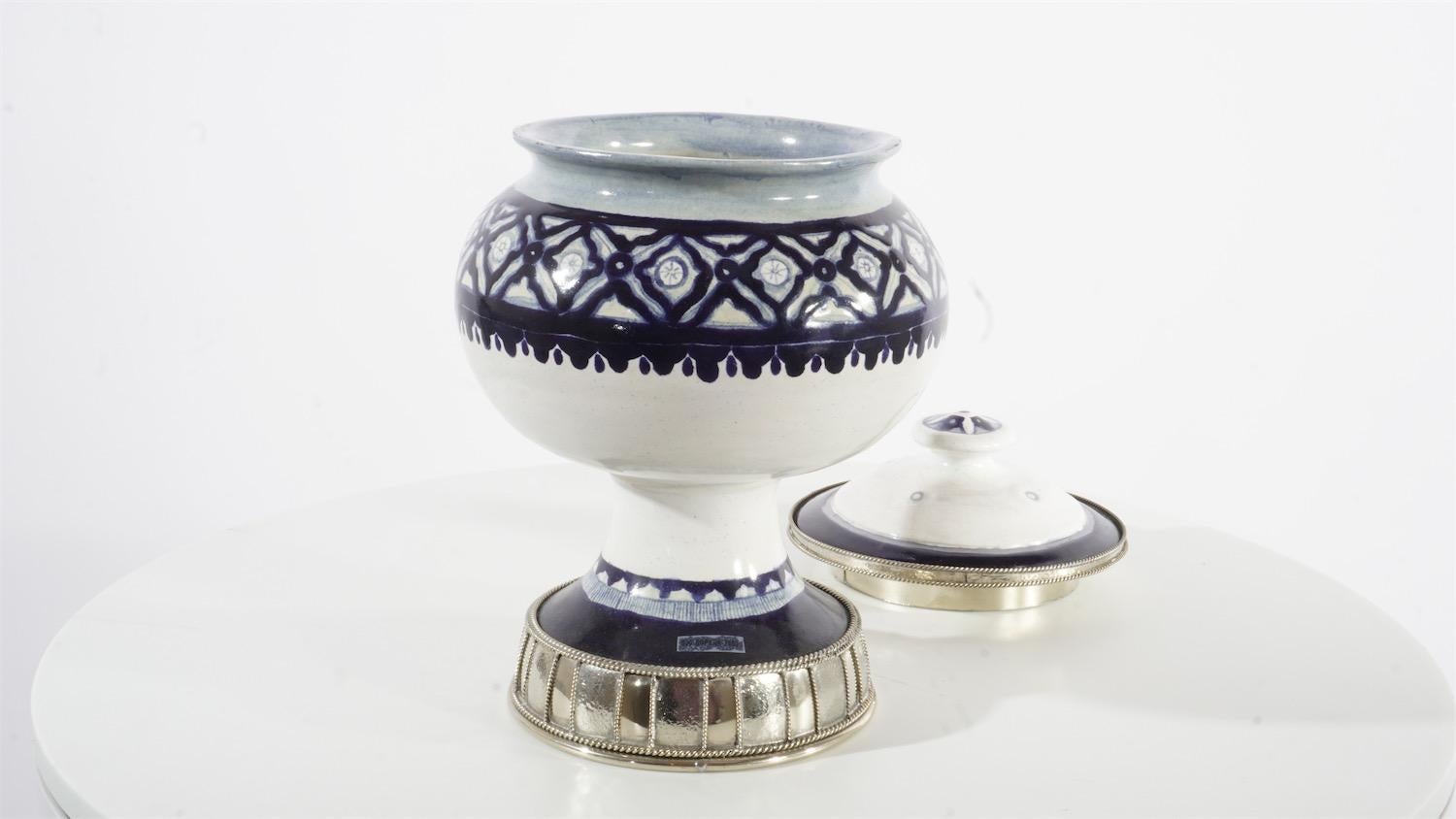Glazed Blue and White Jar, Ceramic and White Metal ‘Alpaca’, Handmade