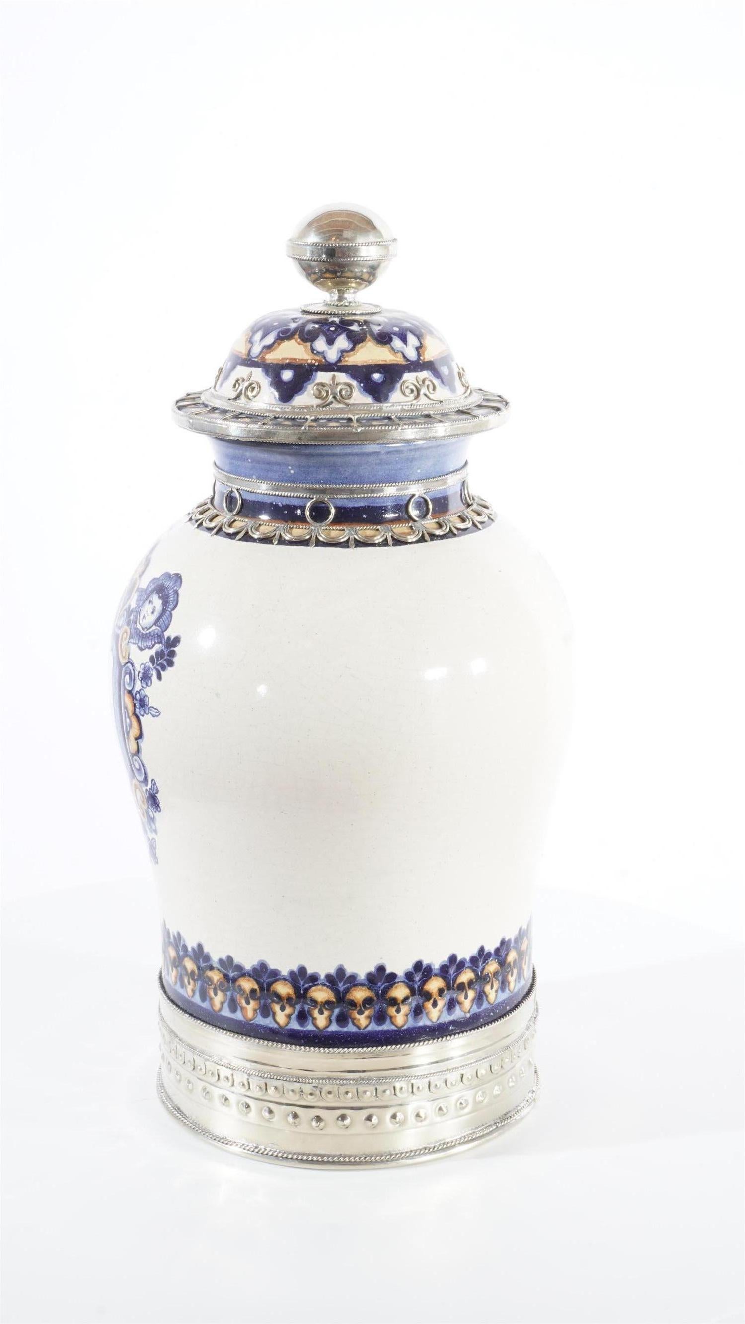 Glazed Blue and White Jar, Ceramic and White Metal ‘Alpaca’, Handmade