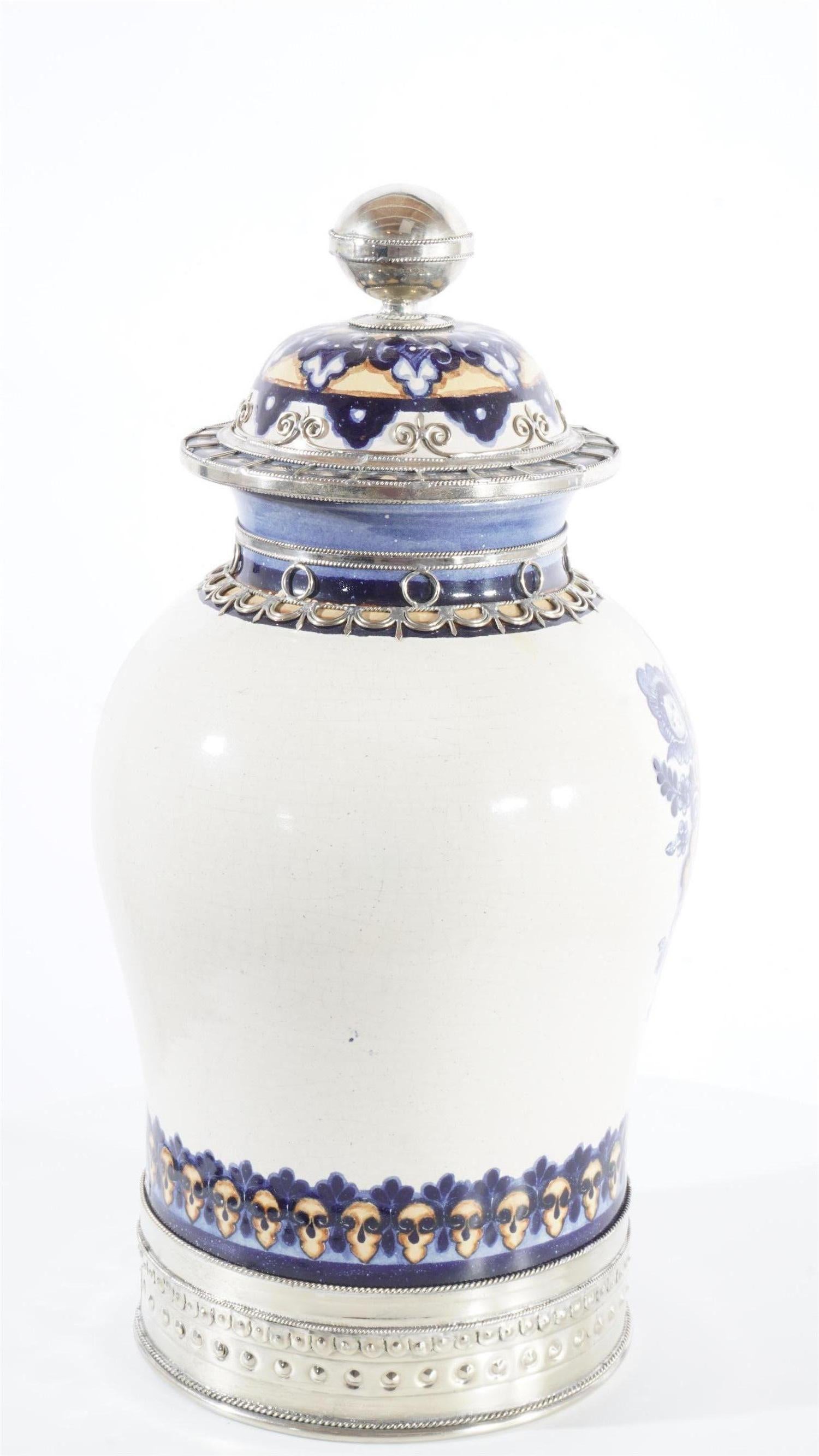 Blue and White Jar, Ceramic and White Metal ‘Alpaca’, Handmade In New Condition In Guadalajara, Jalisco