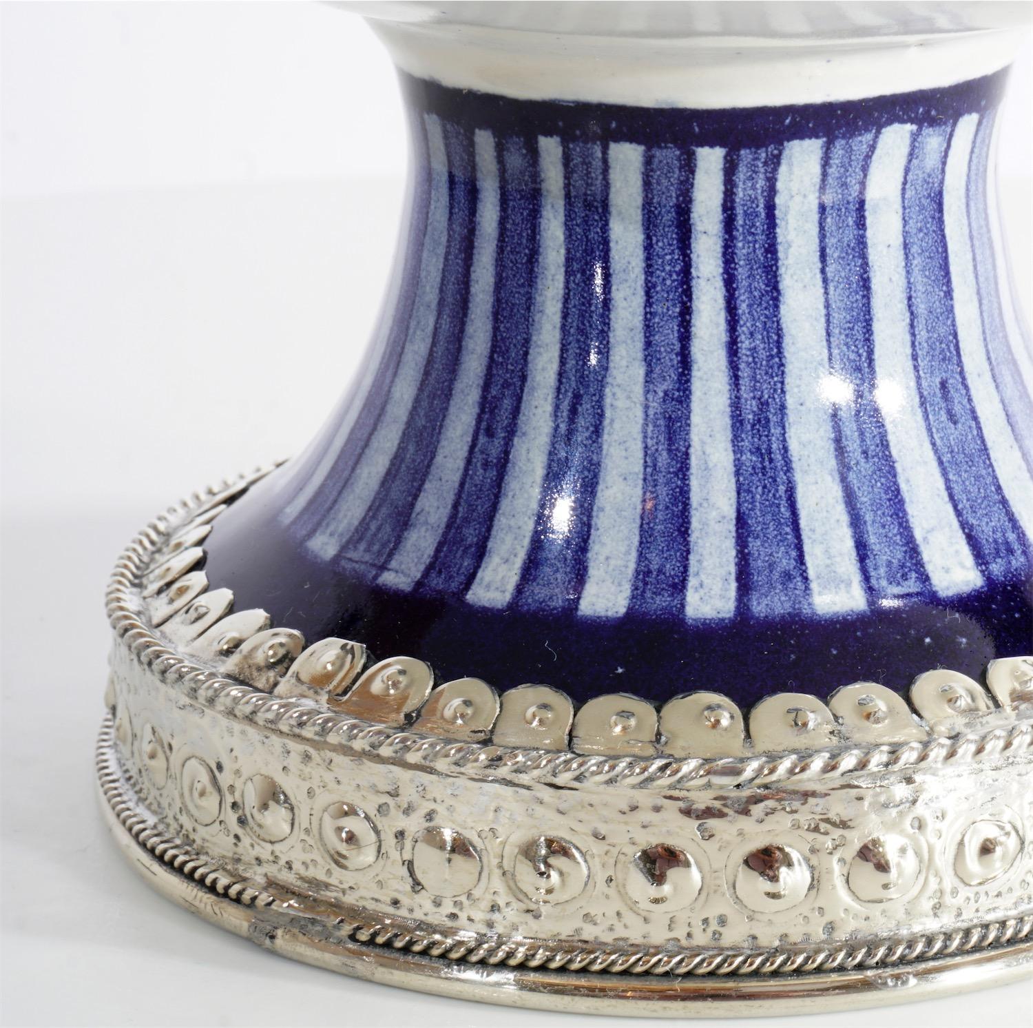 Blue and White Jar, Ceramic and White Metal ‘Alpaca’, Handmade In New Condition In Guadalajara, Jalisco