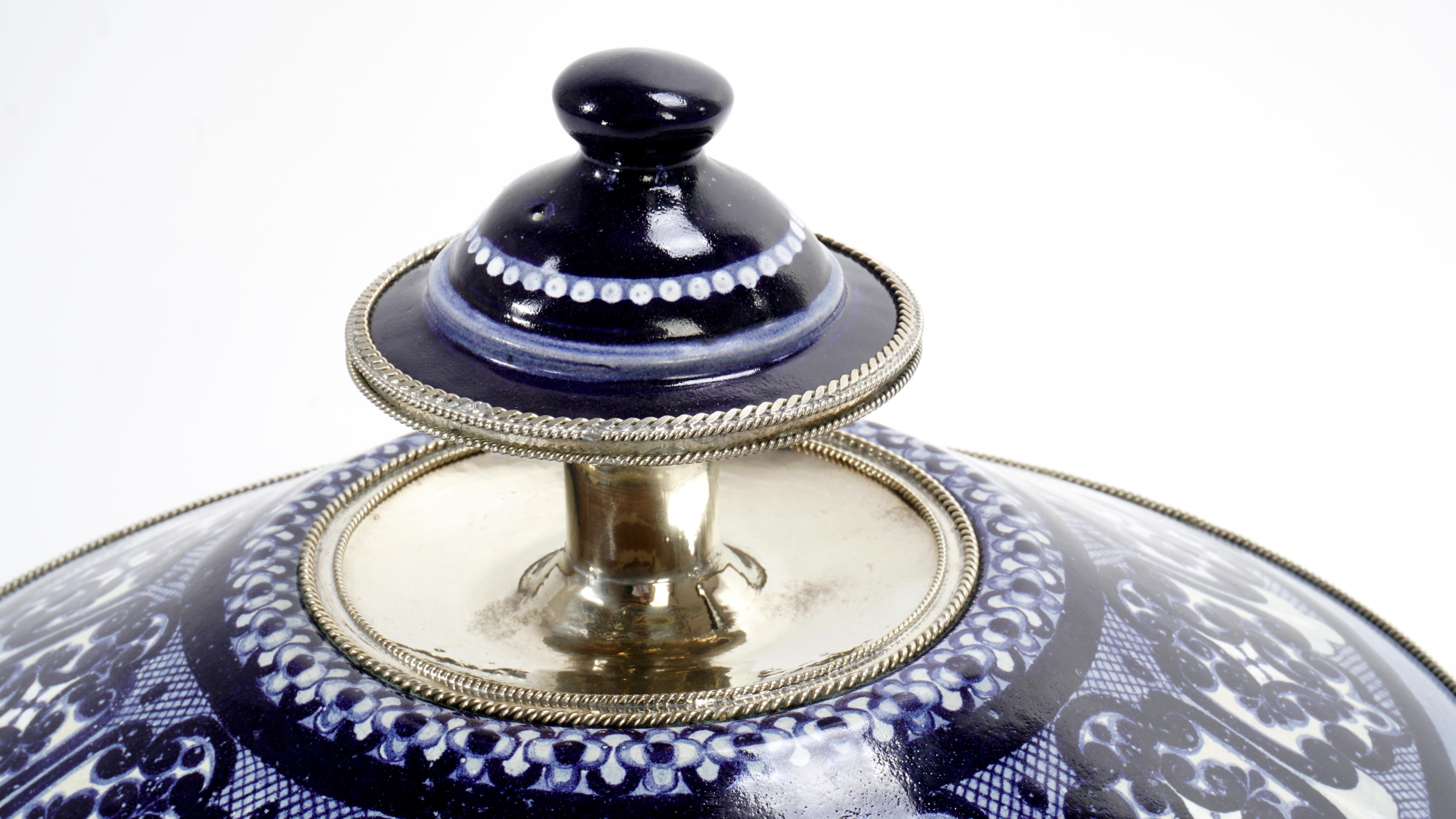 Contemporary Blue and White Jar, Ceramic and White Metal ‘alpaca’, Handmade