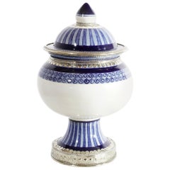 Blue and White Jar, Ceramic and White Metal ‘Alpaca’, Handmade
