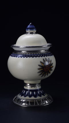 Blue and White Jar, Ceramic and White Metal ‘Alpaca’, Handmade with Cherubs