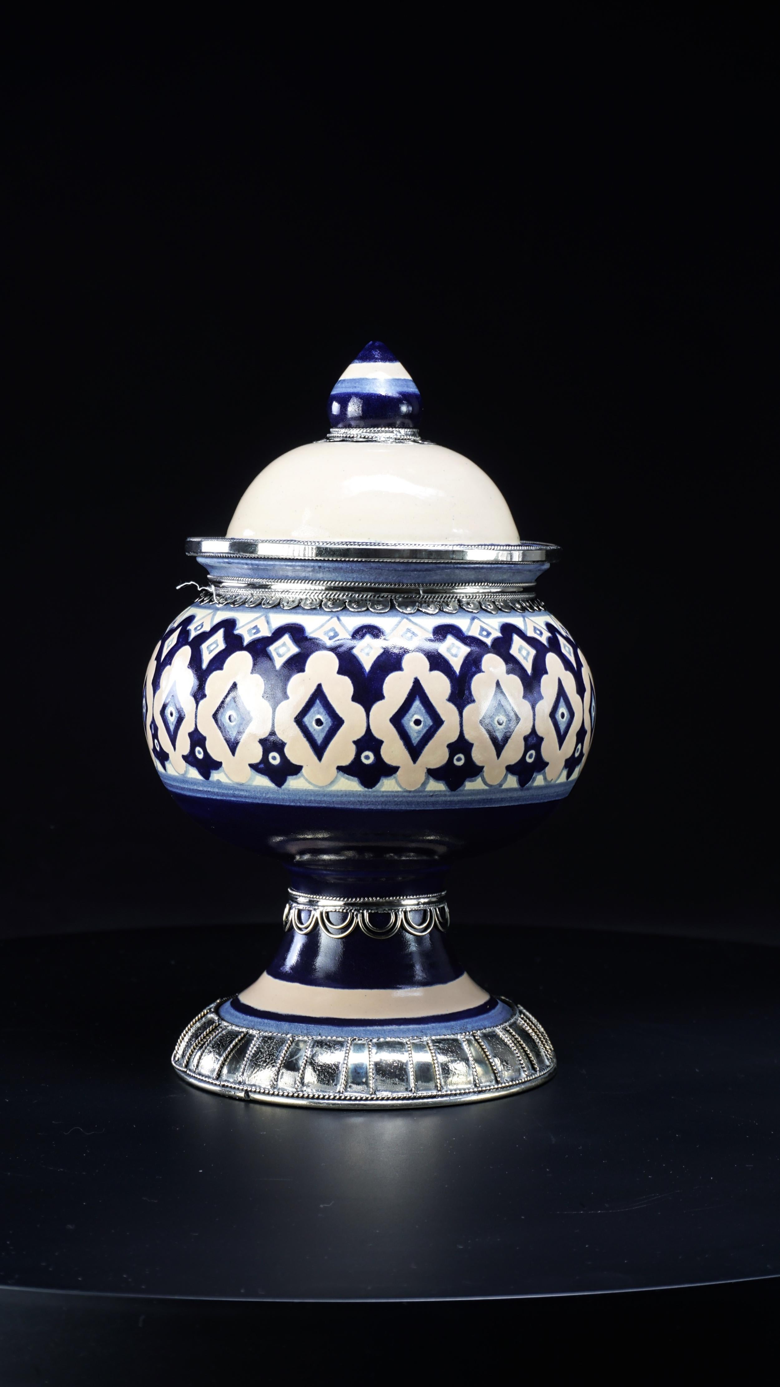 Other Blue and White Jar, Ceramic and White Metal ‘Alpaca’, Handmade with Cherubs