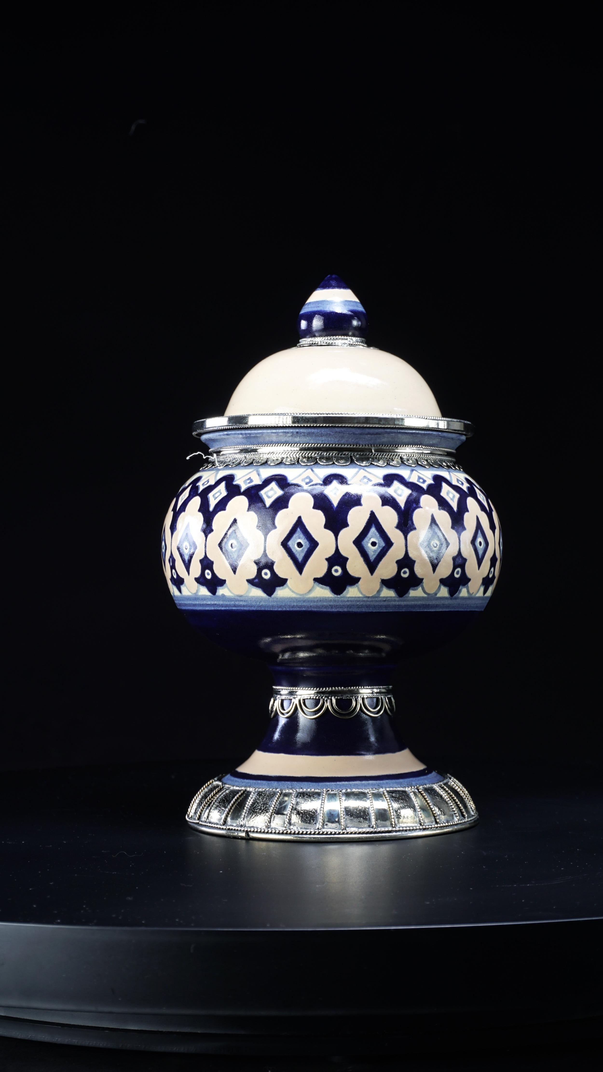 Mexican Blue and White Jar, Ceramic and White Metal ‘Alpaca’, Handmade with Cherubs