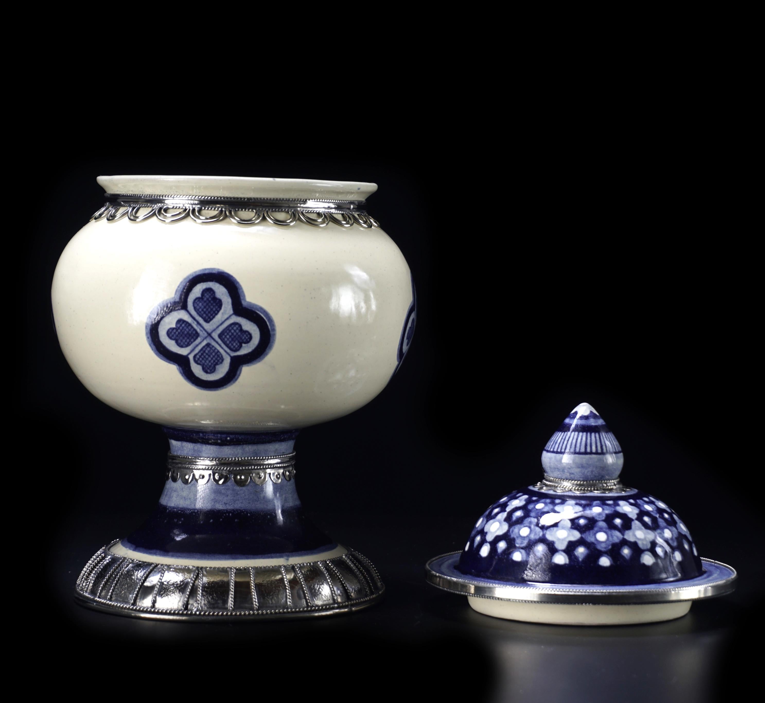 Mexican Blue and White Jar, Ceramic and White Metal ‘Alpaca’, Handmade with Cherubs