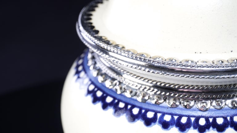 Glazed Blue and White Jar, Ceramic and White Metal ‘Alpaca’, Handmade with Cherubs For Sale