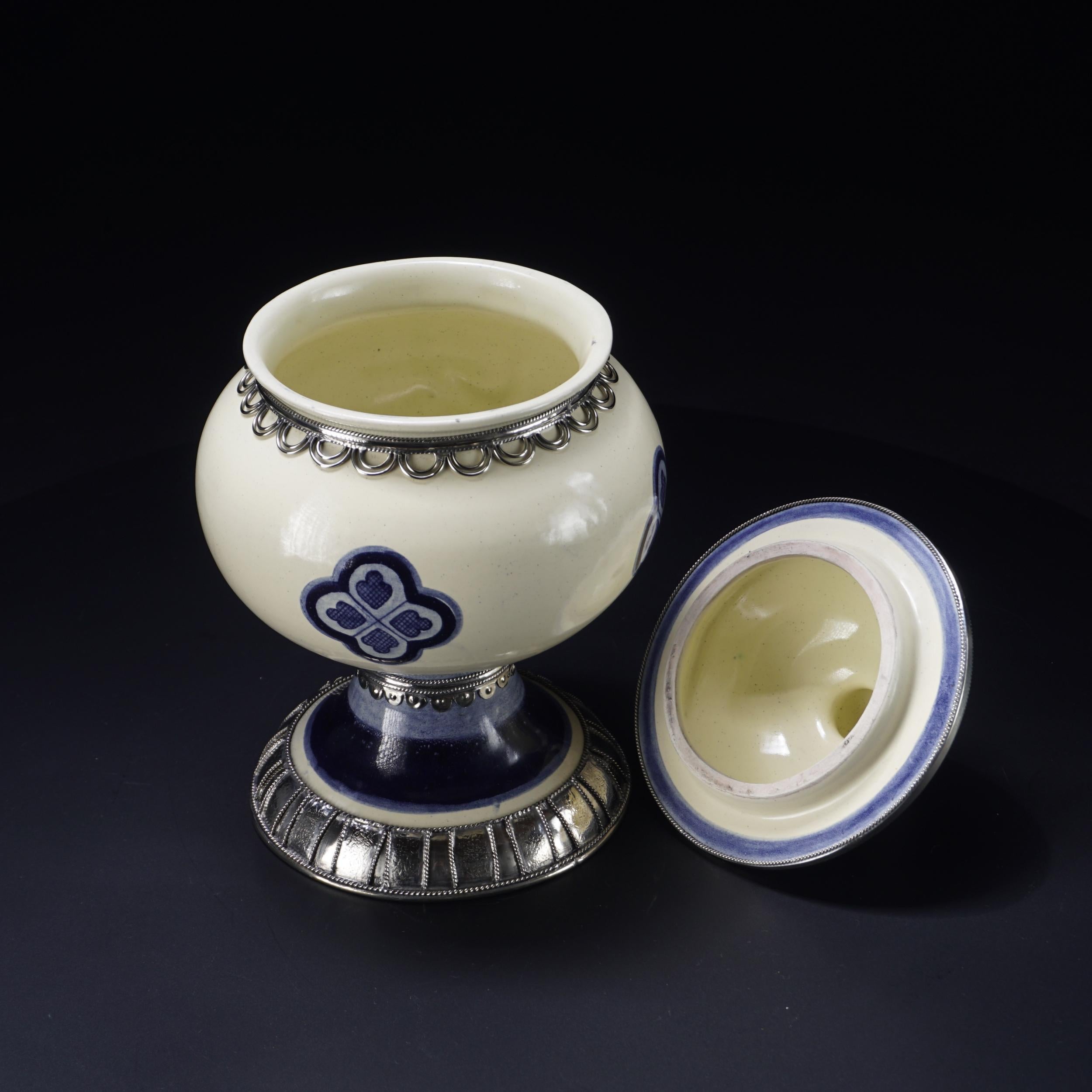 Glazed Blue and White Jar, Ceramic and White Metal ‘Alpaca’, Handmade with Cherubs