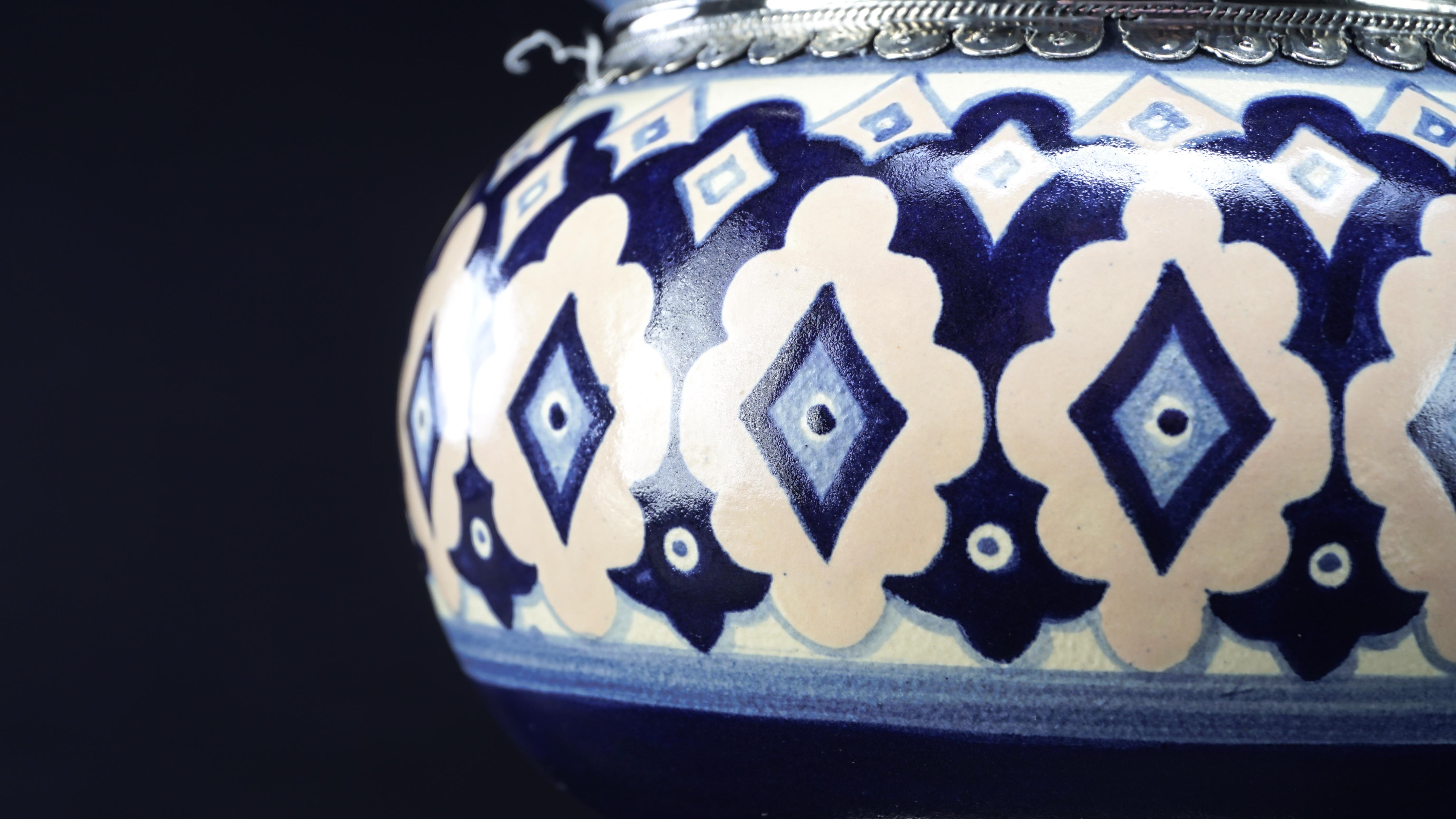 Blue and White Jar, Ceramic and White Metal ‘Alpaca’, Handmade with Cherubs In New Condition In Guadalajara, Jalisco