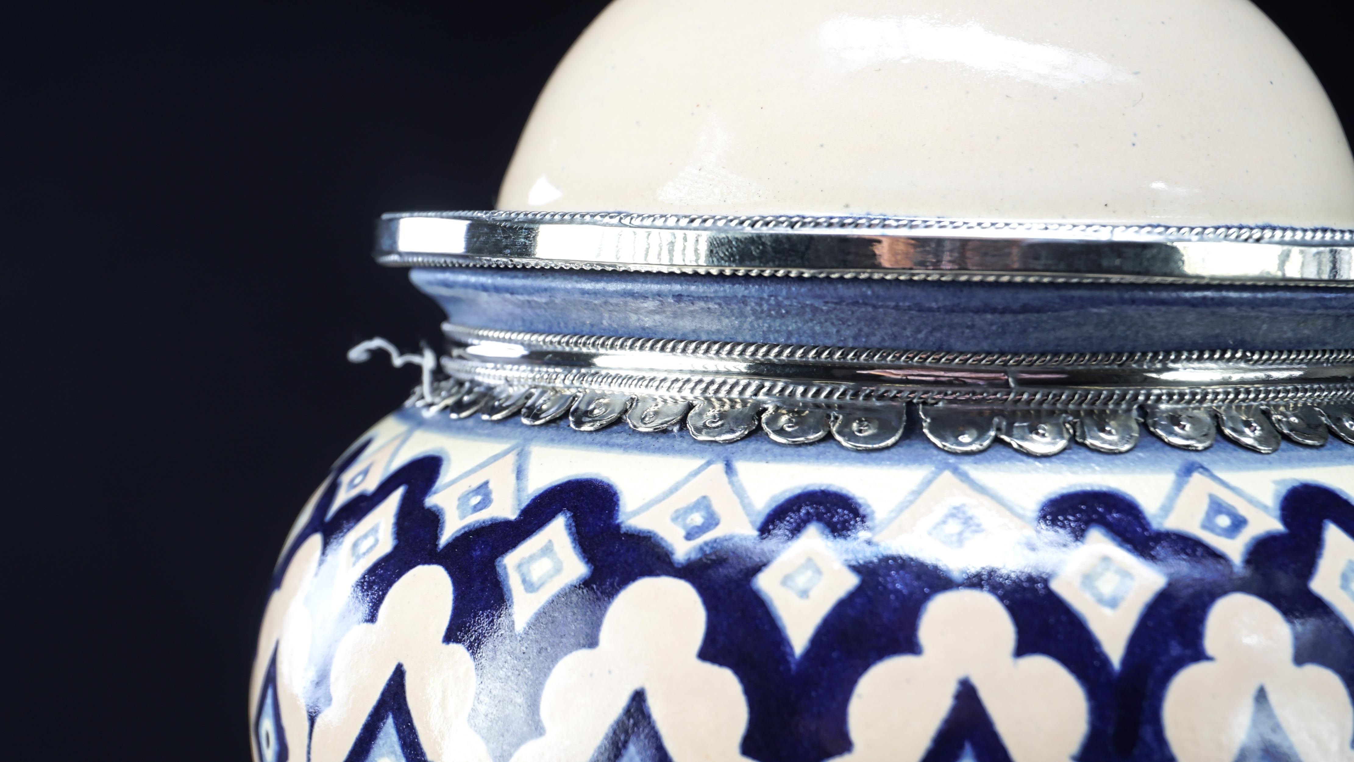 Contemporary Blue and White Jar, Ceramic and White Metal ‘Alpaca’, Handmade with Cherubs