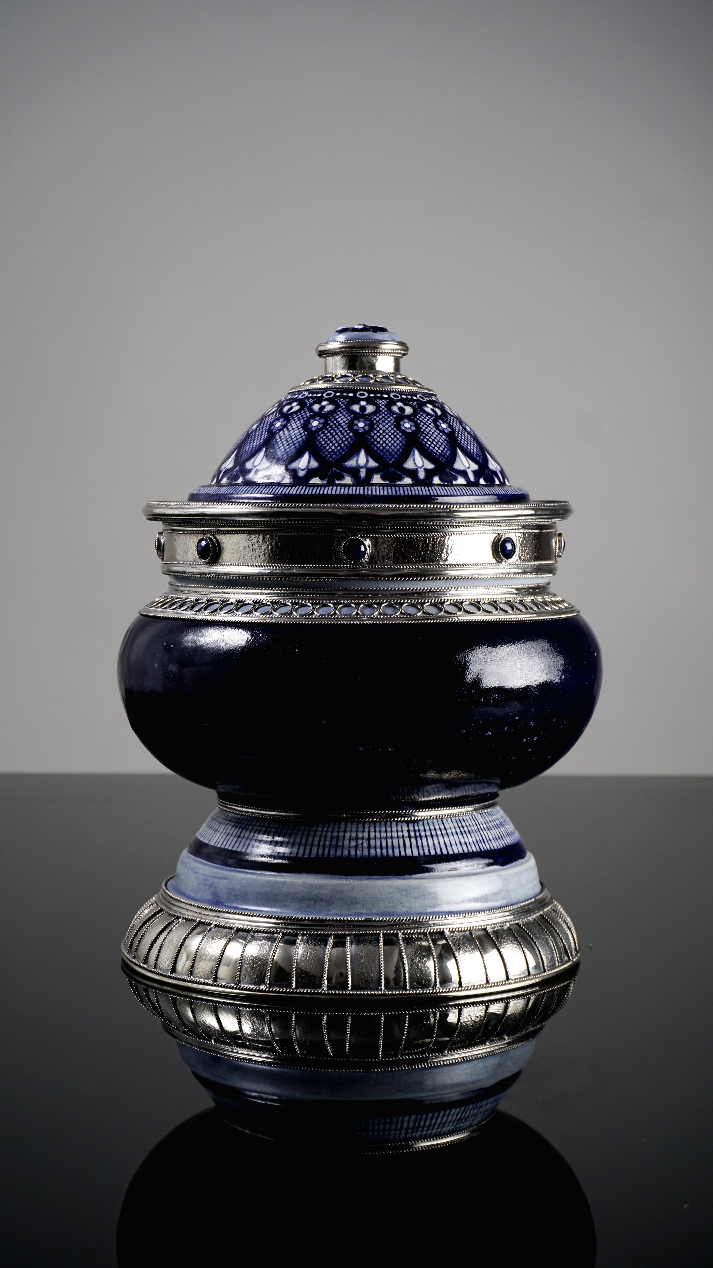 Contemporary Blue and White Jar, Ceramic and White Metal ‘Alpaca’, Handmade