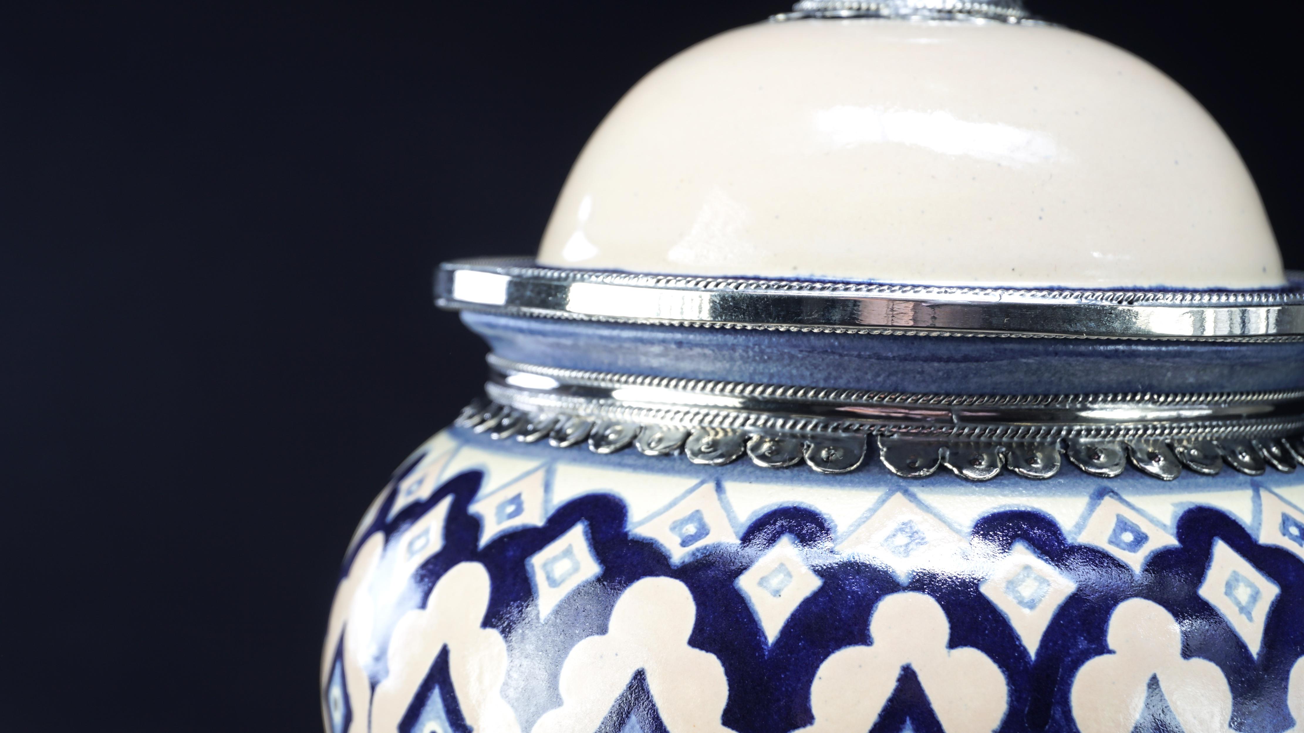 Blue and White Jar, Ceramic and White Metal ‘Alpaca’, Handmade with Cherubs 1