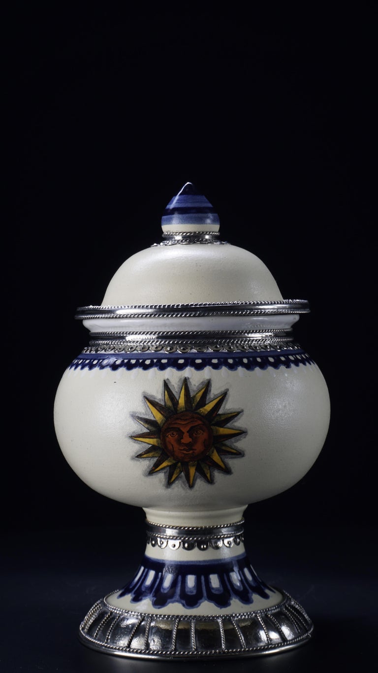 Blue and White Jar, Ceramic and White Metal ‘Alpaca’, Handmade with Cherubs For Sale 1
