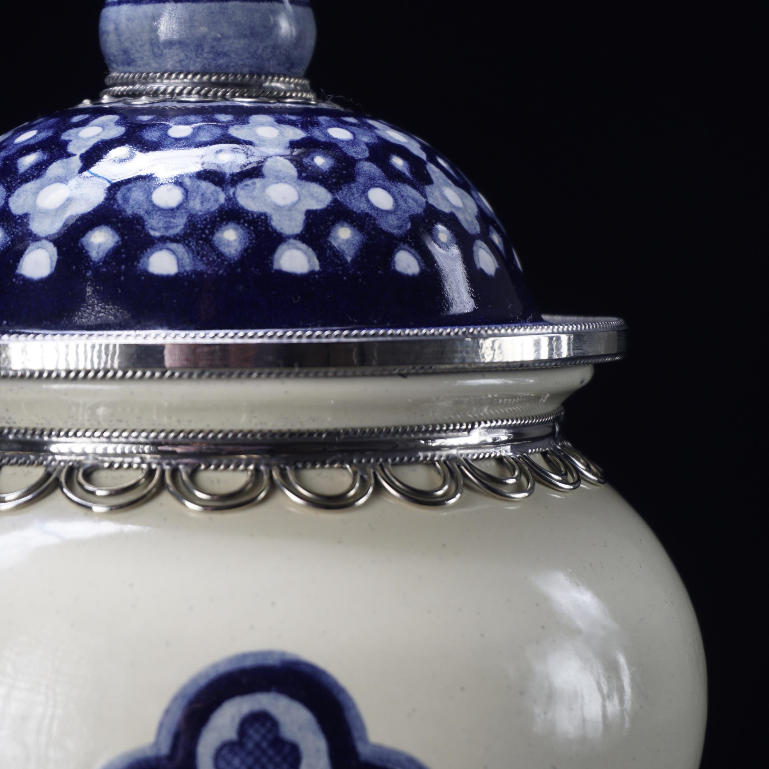 Blue and White Jar, Ceramic and White Metal ‘Alpaca’, Handmade with Cherubs 2